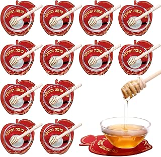 12 Sets Rosh Hashanah Apple Shaped Honey Dish with Dipping Spoon Jewish New Year Decoration Acrylic Apple Honey Dish with Stick for Jewish New Year Holiday Gift Table Decorations, Red