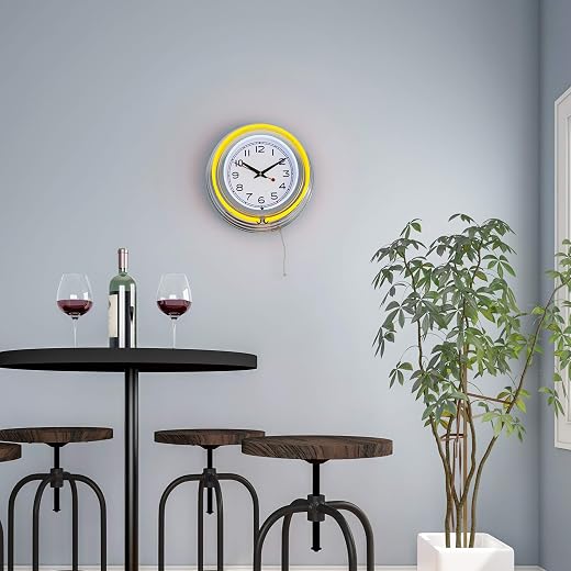 Lavish Home Neon Wall Clock- 14” Round, Double Light Ring, Dual Power, Analog Quartz Timepiece- Retro Decor for Bar, Garage & Game Room (Yellow)