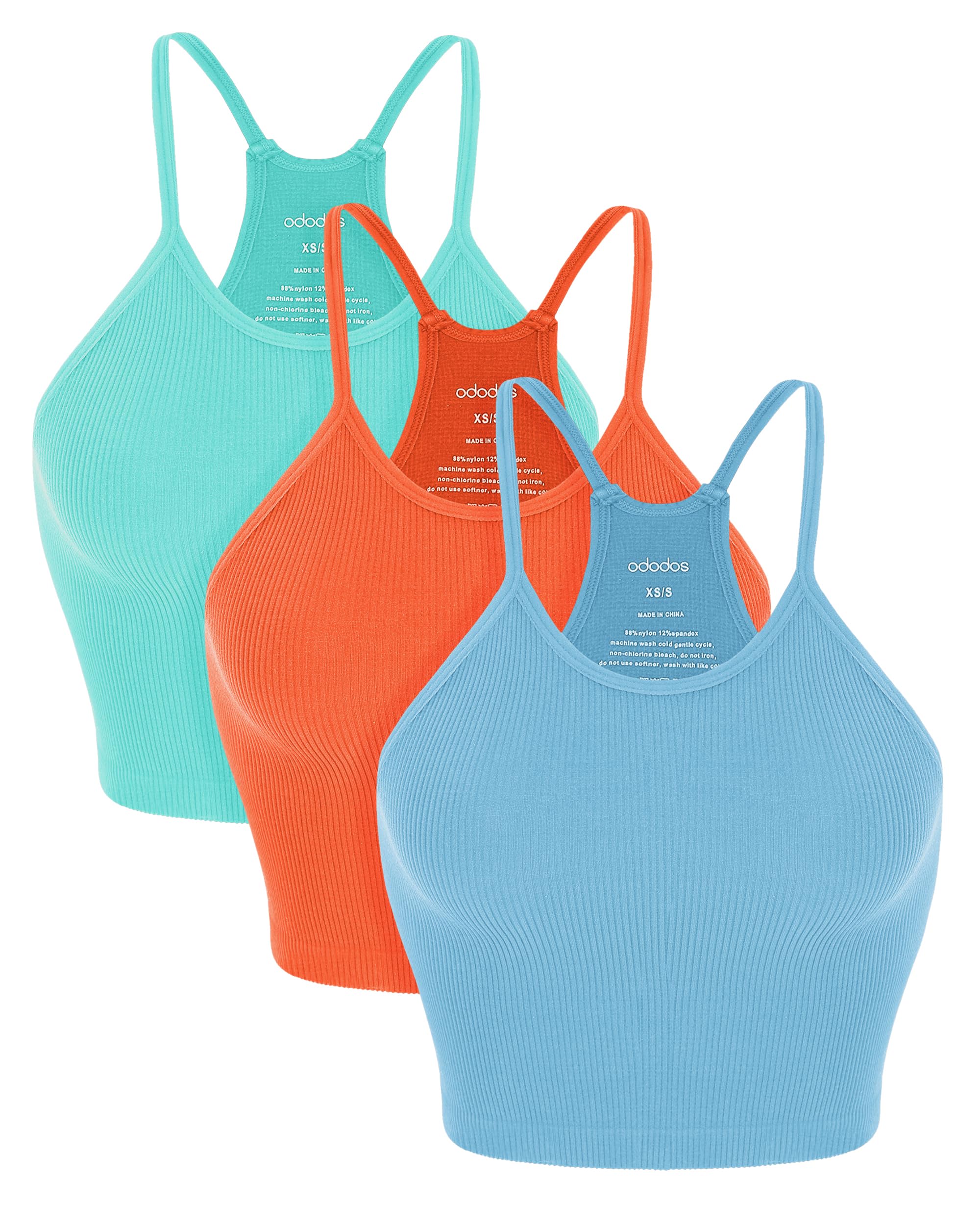 ODODOS Women's Crop 3-Pack Seamless Rib-Knit Camisole Crop Tank Tops