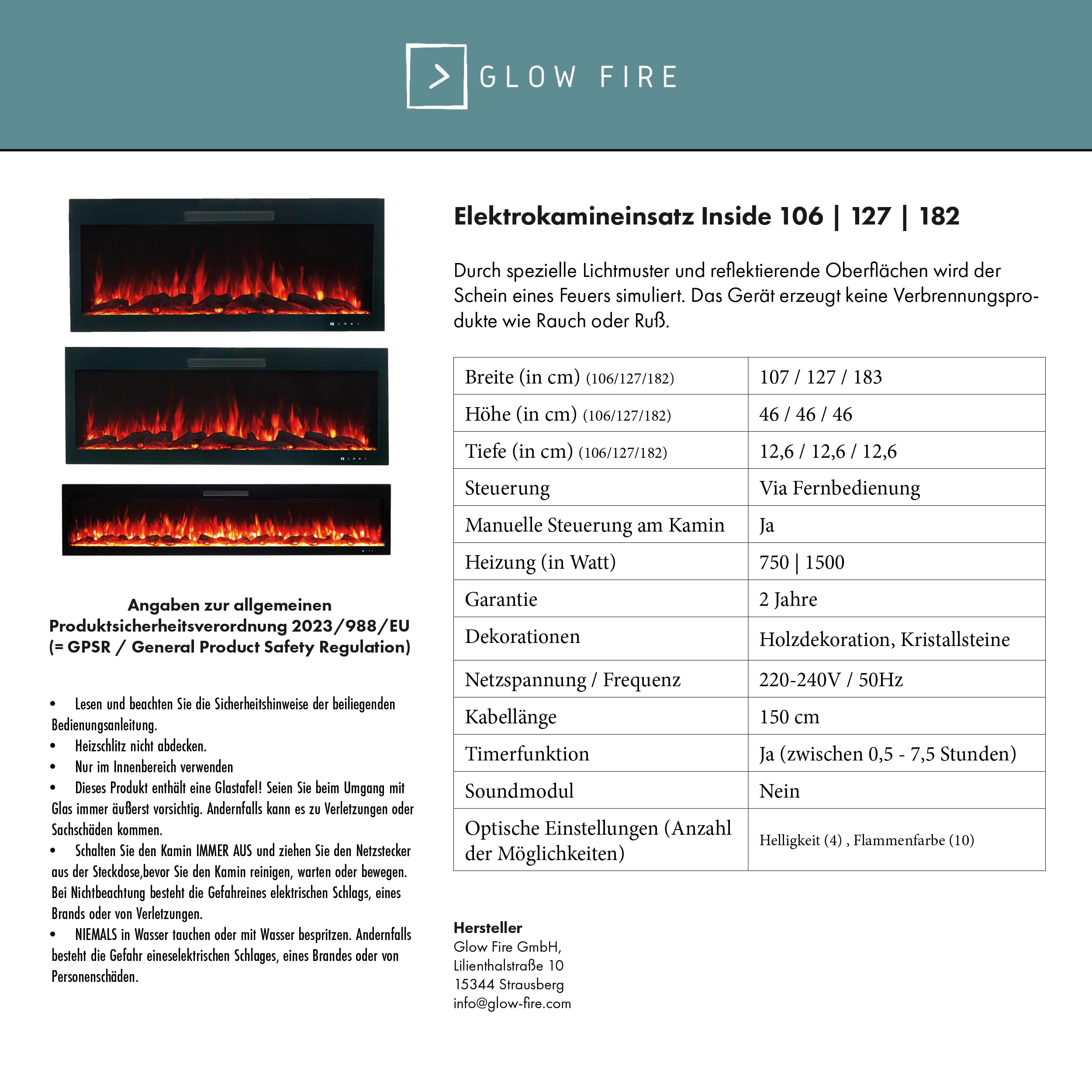 GLOW FIRE Kominek wolnostojący RHEA - Elektryczny z ogrzewaniem i płomieniem LED, 5 kolorów, grzałka, dekoracja, pilot - 178x97x33 cm, Biały