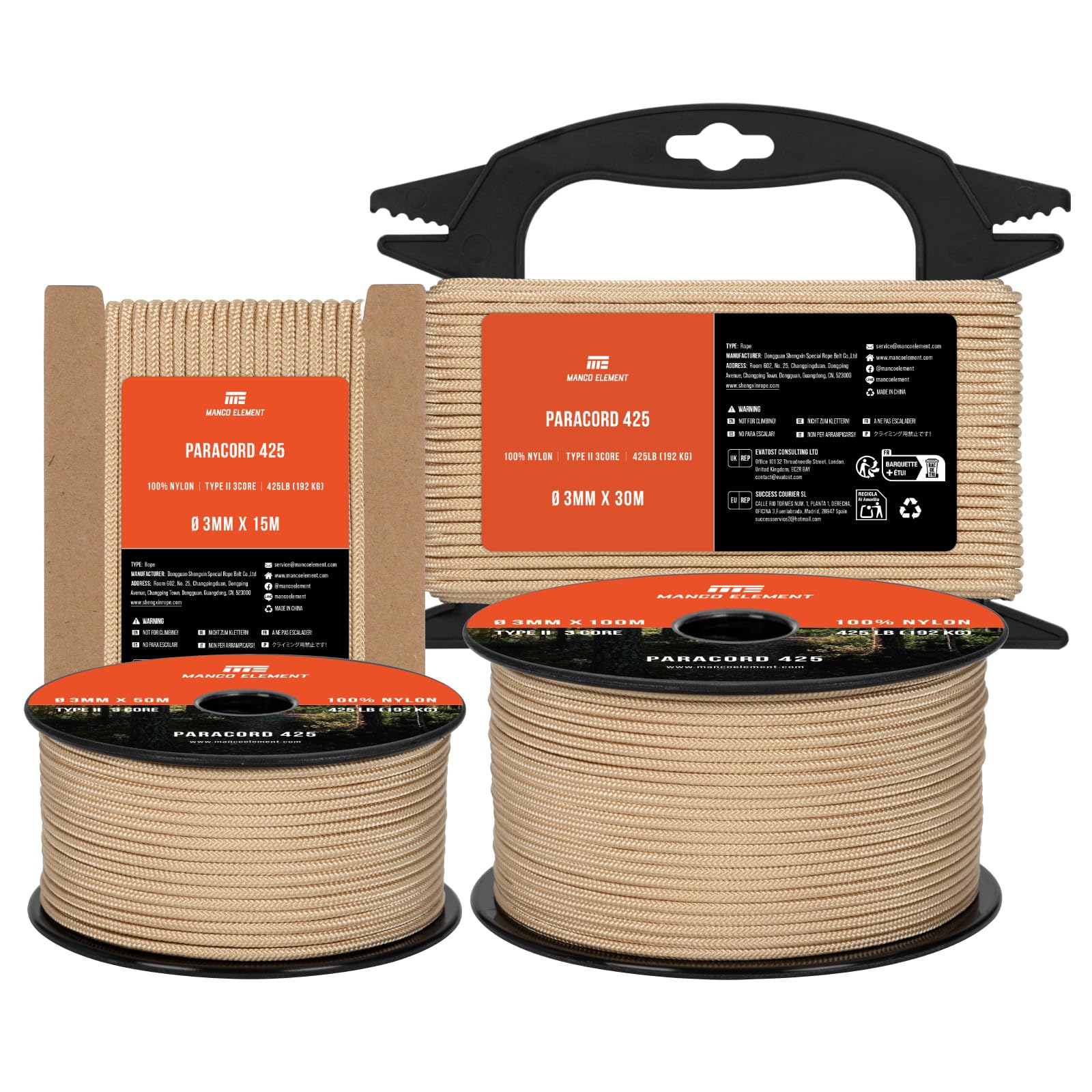 Manco Element 3mm Paracord 425 Type II 15m Khaki | 100% Nylon Rope 3 Strands Tactical Cord | Ideal for Outdoor, Camping, Survival, Crafting, DIY