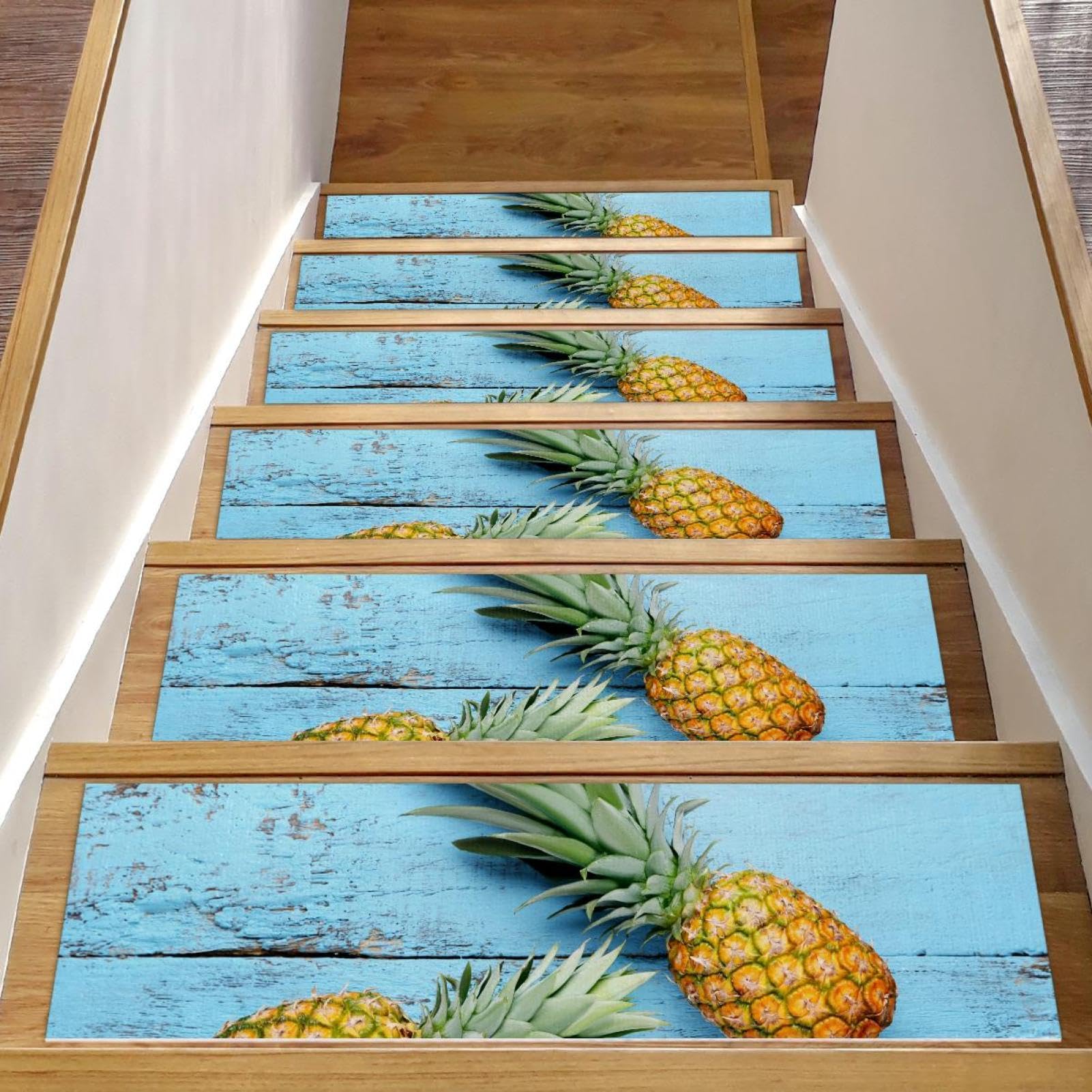 Tapis d'escalier antidérapants lot de 15 marches bois motif fruits ananas 76x20 cm