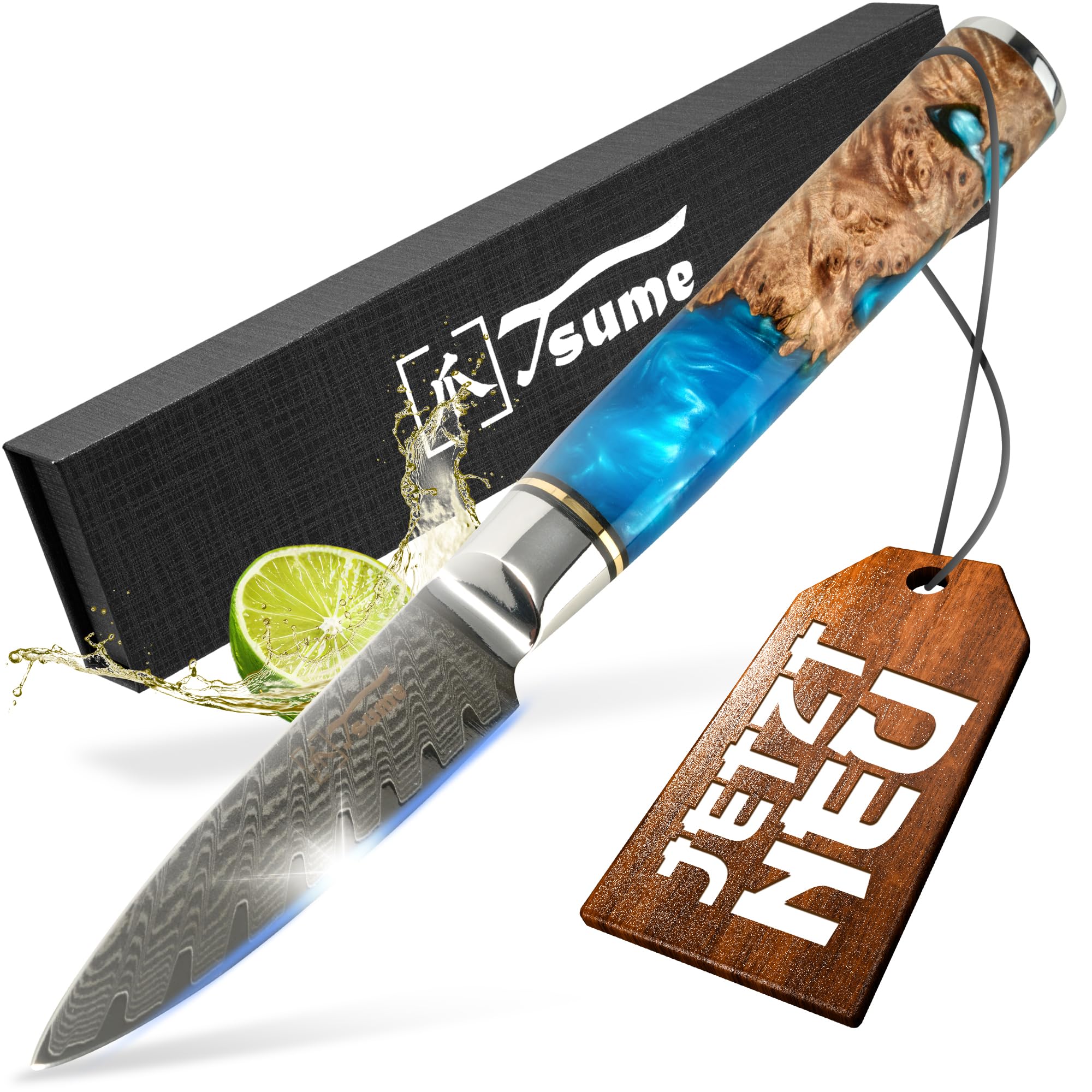 Tsume Schälmesser Saphir, Klingenlänge 9cm, Echtes Damast Küchenmesser, 67 Schichten VG10 Edelstahlkern mit blauem und weißen Kunstharz und Holz Handgriff, Rasiermesserscharf