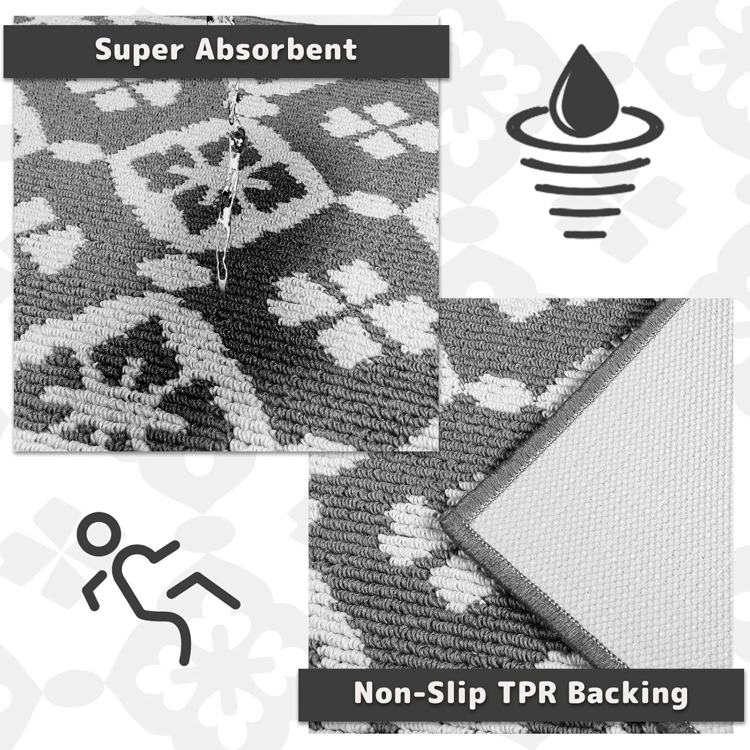 Kitchen Rugs Sets of 3 Non Slip Kitchen Mats for Floor, Washable Boho Kitchen Runner Rug, Absorbent Resists Dirt Kitchen Floor Mat for Sink, Laundry, Hallways (Grey/Style 2, 20"x59"+20"x48"+20"x32")