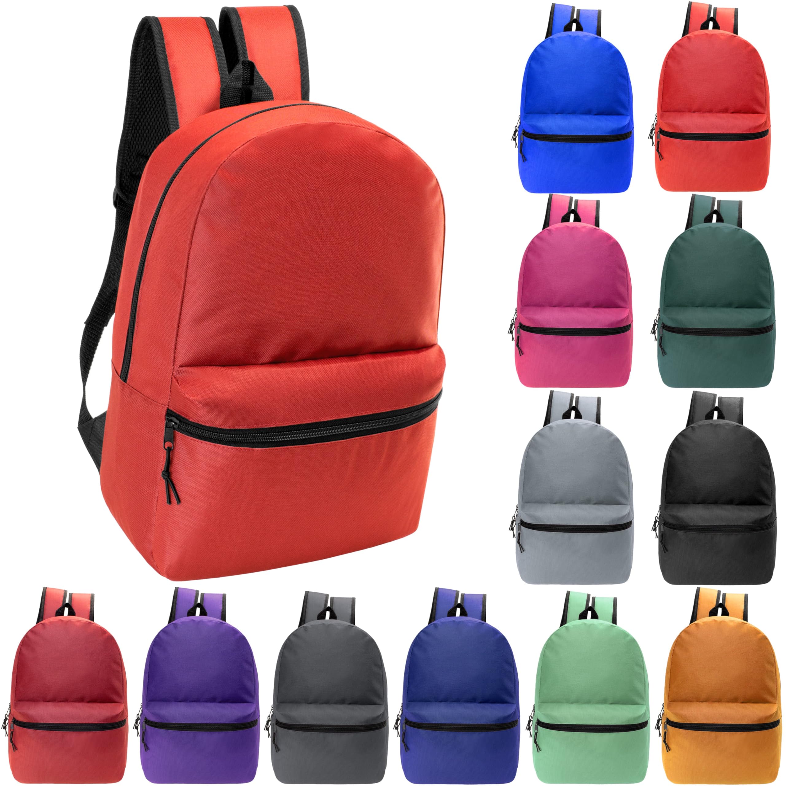 24 Pack 19 Basic Wholesale Backpacks 12 Assorted Colors - Bookbags in Bulk for Elementary Middle and High