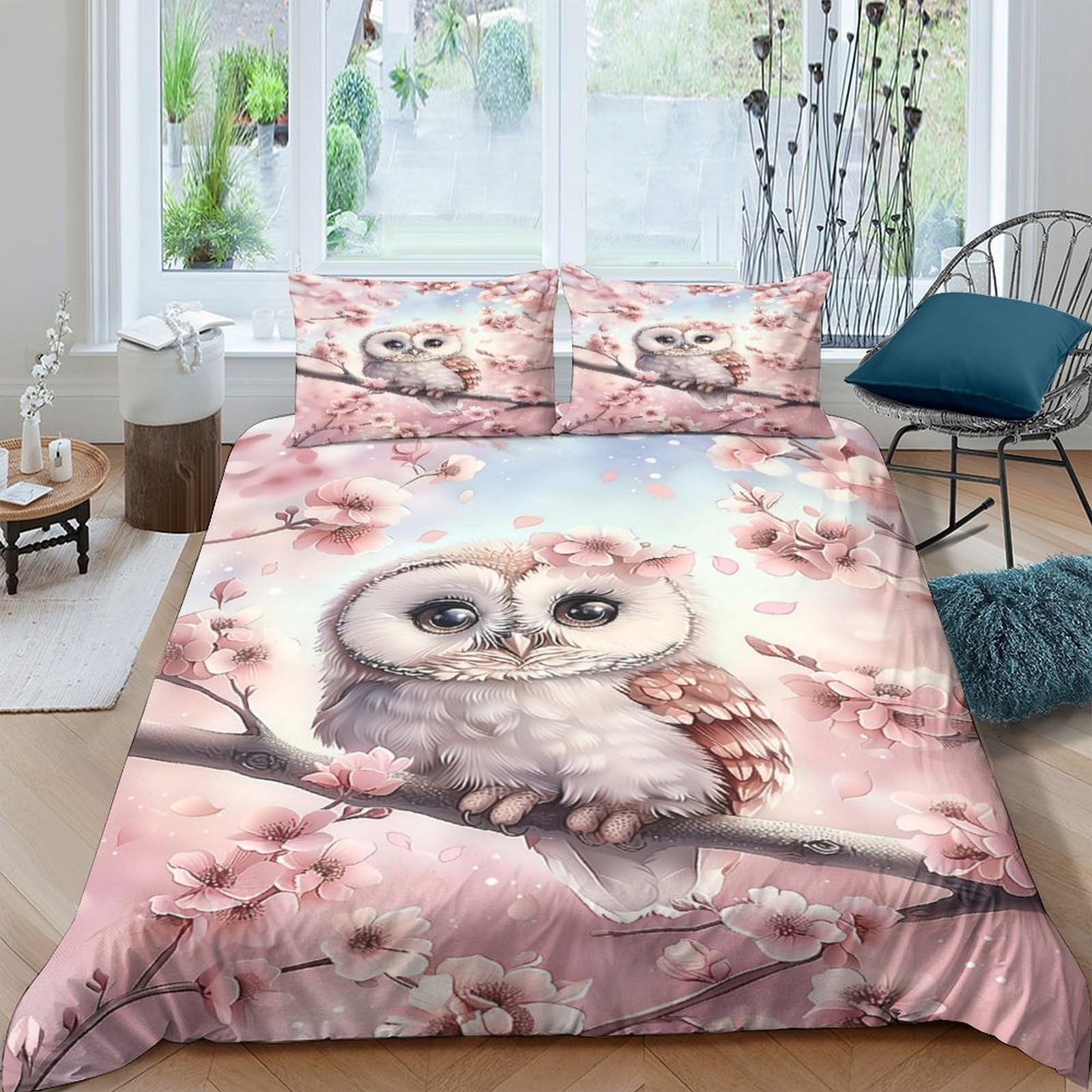 Jcousdaeo Xm1mf2c4o9yc 3D Ultrasoft Microfibre Cute Owl Sitting Quilt Cover Set Soft Bedding Sets With Pillowcases Spring Cherry Blossoms Duvet Cover All Season Breathable Washable For Bedroom Decor Single（140X200cm）