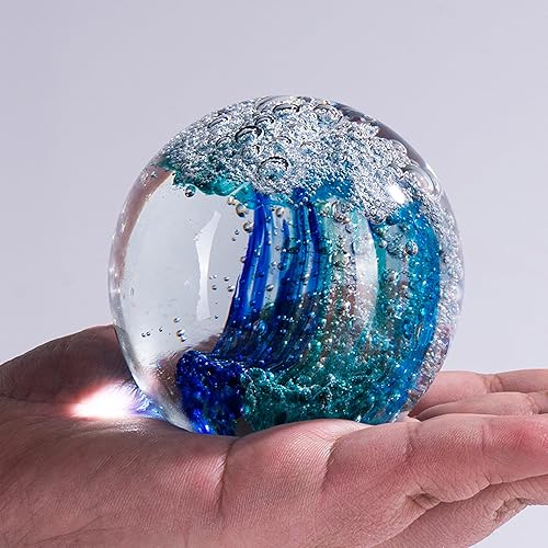 Miniatura 7 de Figuras de vidrio soplado de onda azul, coleccionables, arte de cristal de mar, olas del océano, pisapapeles, decoración para el hogar y la oficina,