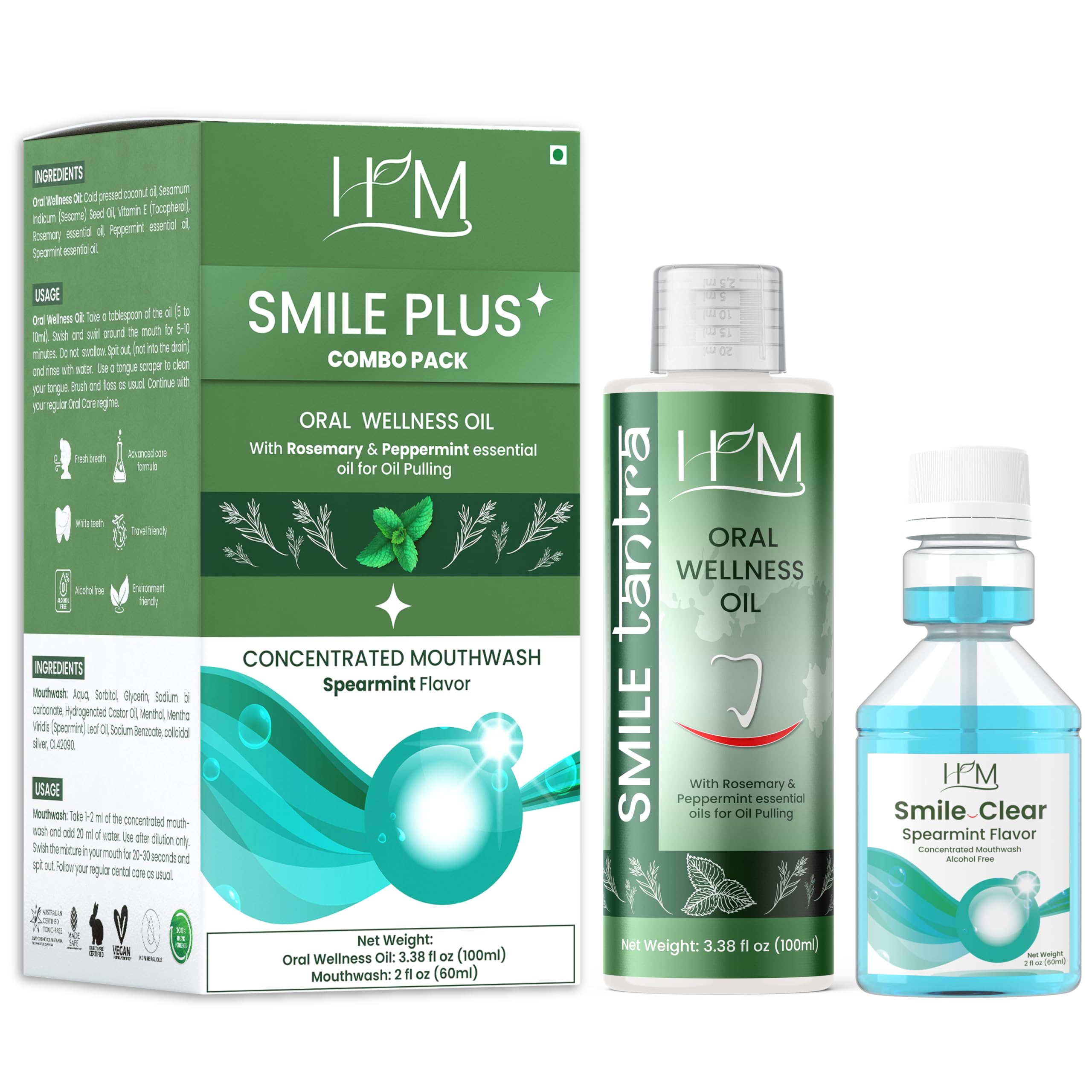 Smile Plus - Oral Wellness Oil (Rosemary and Peppermint) Essential Oils for Oil Pulling - 100ML (3.38FL Oz) + Concentrated Mouth Wash - Spearmint Flavor - 60ML (2FL Oz)