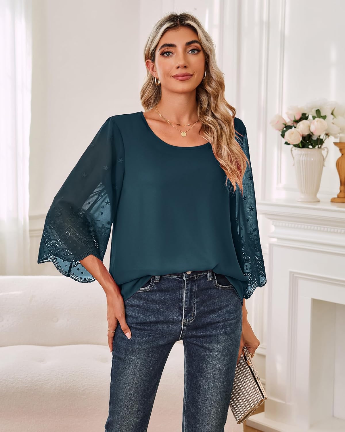 Women's Blouses Bell Sleeve Double Layers Casual Round Neck Embroidered Elegant Chiffon Tunic Top - Image 4