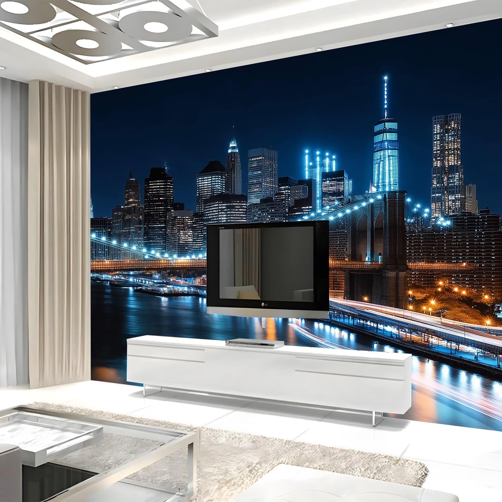 Niebieskie Miasto Fototapeta Miasto Noc Tapeta z włókniny 3D Efekt 300 x 213 cm Plakat Obrazy ścienne Gobelin Zdjęcie Trompe l'oeil Ornament