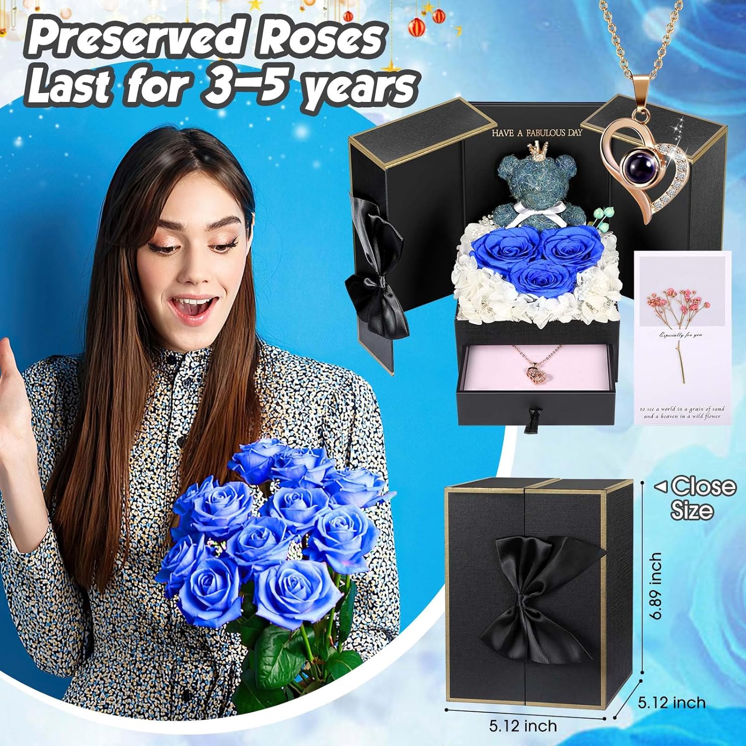 ADDWel Unique Mom Gift Bundle: Preserved Real Roses with I Love You in 100 Languages Necklace & Engraved Acrylic Puzzle Block - Birthday, Mother's Day, for Mother