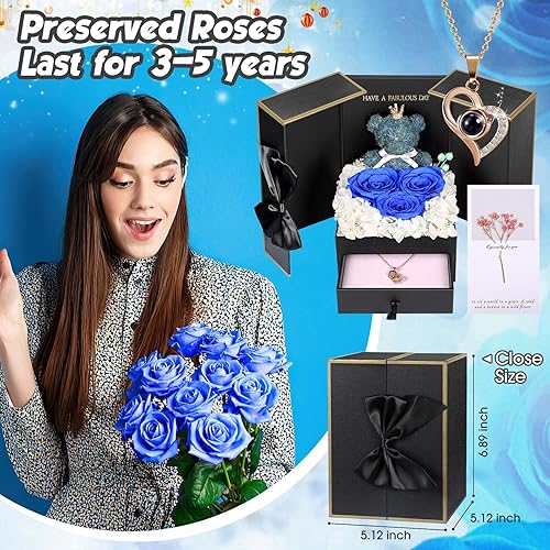 Miniatura 139 de ADDWel Rose Gifts for Women - Preserved Real Roses Forever Purple Flowers with I Love You in 100 Languages Necklace and Cute Moss Bear for