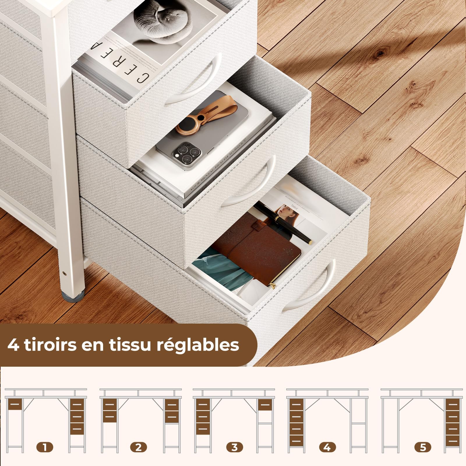 Seventable Bureau d’Angle en L 140 cm avec LED, Ports USB et Prise, tiroirs modulables et Support écran – Bureau Informatique Moderne avec rangements, Blanc