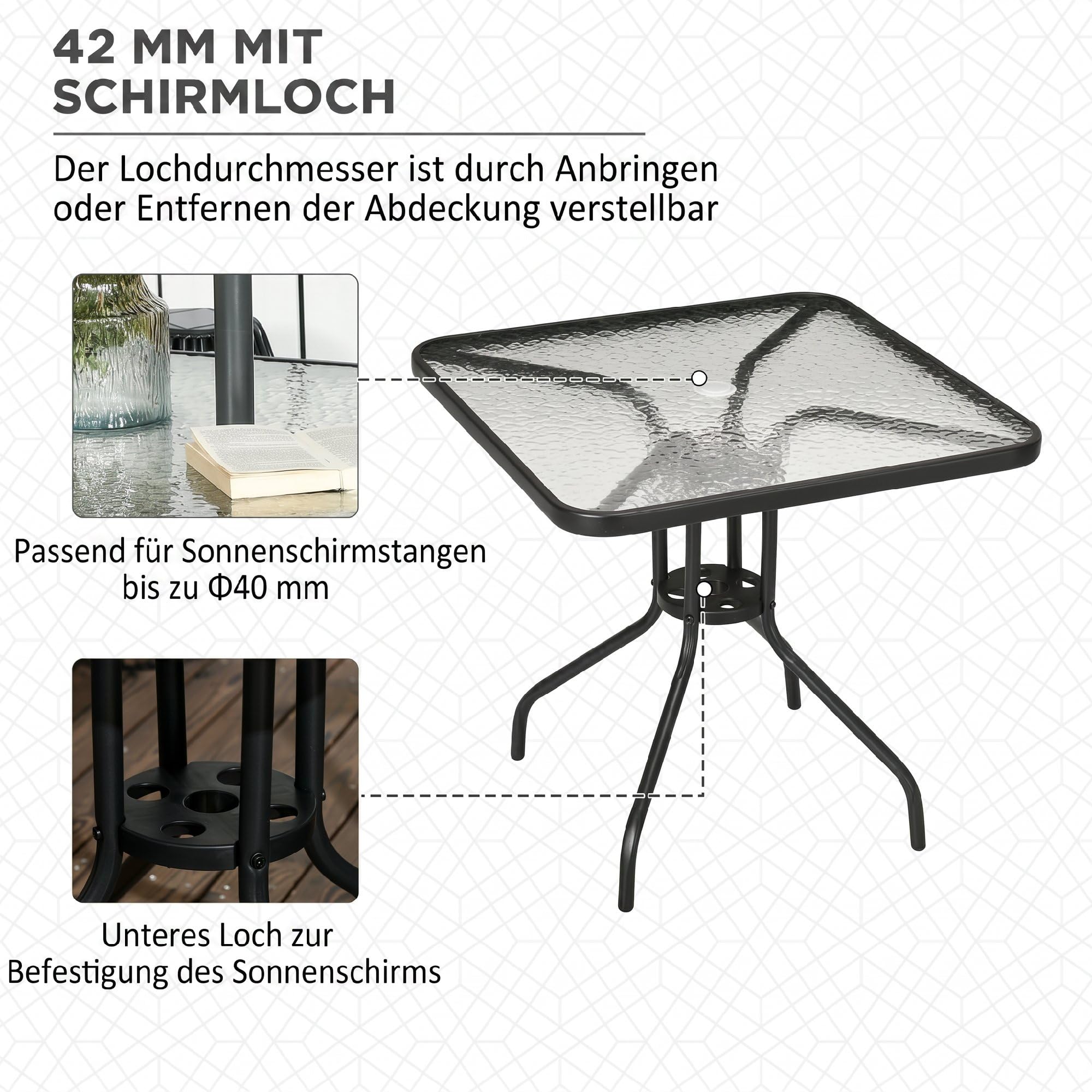 Outsunny Gartentisch Abnehmbar Wetterfest mit Schirmloch 76x76 cm Schwarz | Metall, Quadrarisch, Rutschfest, Balkontisch, Buffettisch, Campingtisch, Terrassentisch, für Outdoor Garten Terrasse Balkon