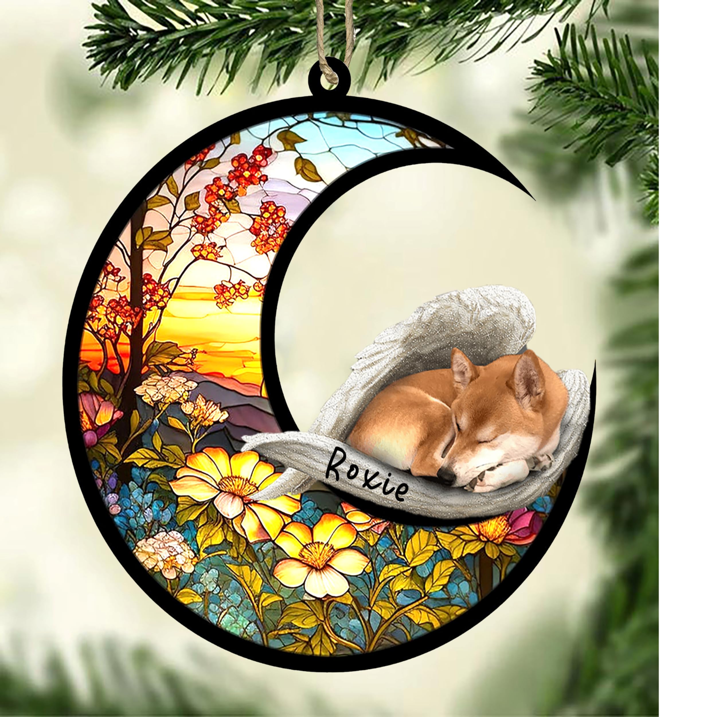 Personalized Shiba Inu Dog Memorial Suncatcher, Shiba Inu Christmas Ornament with Name, Pet Loss Catcher, Gifts for Dog Lovers Loss of Dog, Shiba Inu Sleep on Haven