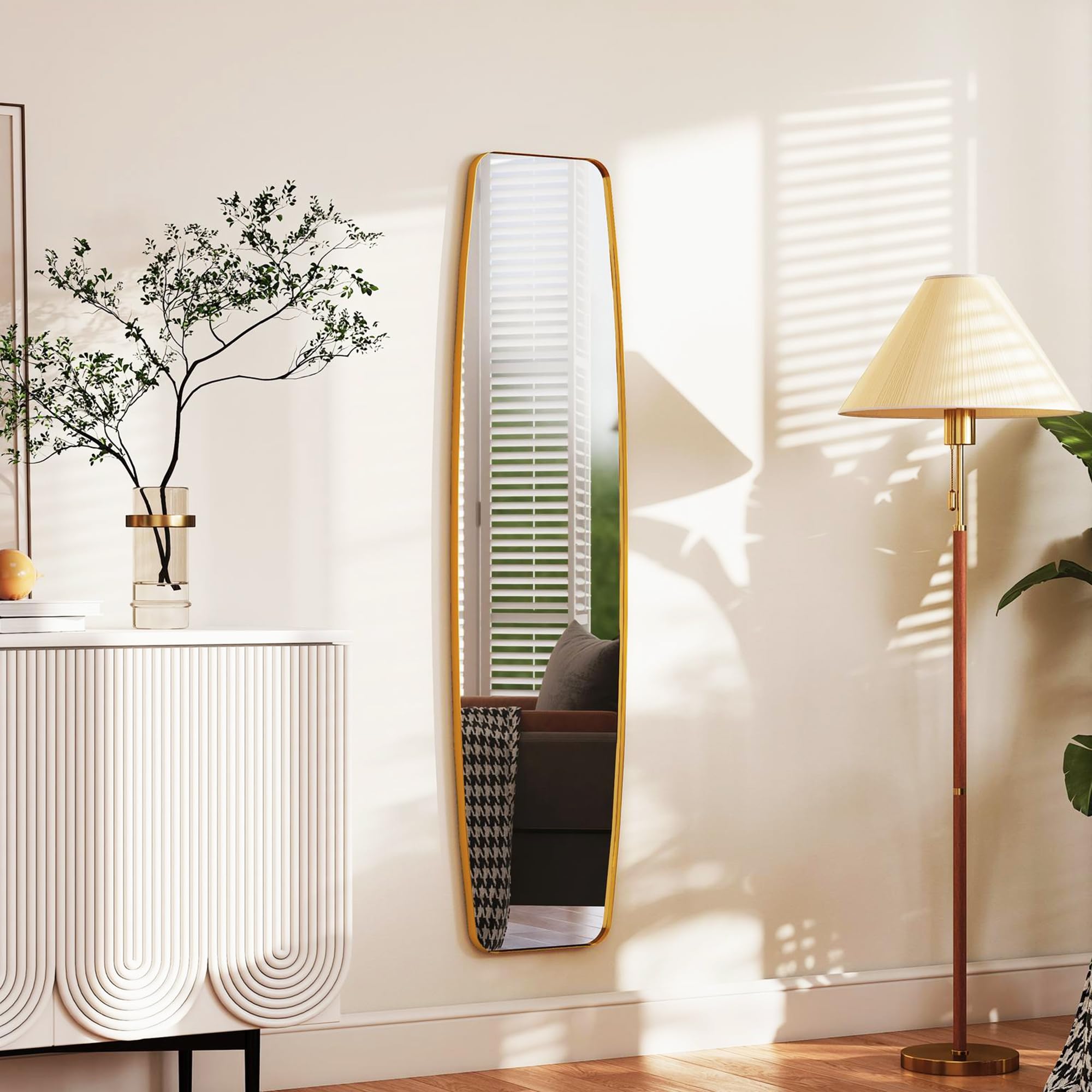 HOMCOM Grand Miroir Mural Ovale 160 x 40 cm, Miroir Suspendu Moderne, Cadre en métal et Bois, prêt à accrocher, pour Chambre, Salon, Dressing, entrée, doré
