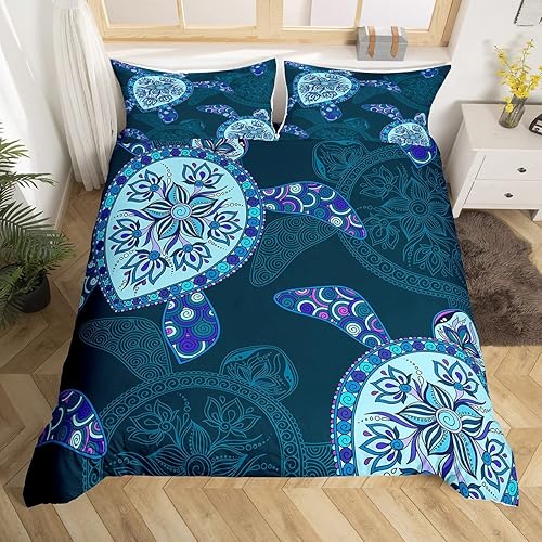 Feelyou Juego de funda de edredón de animales marinos con estampado de tortuga, juego de ropa de cama tamaño King 3D magnífica funda de edredón de
