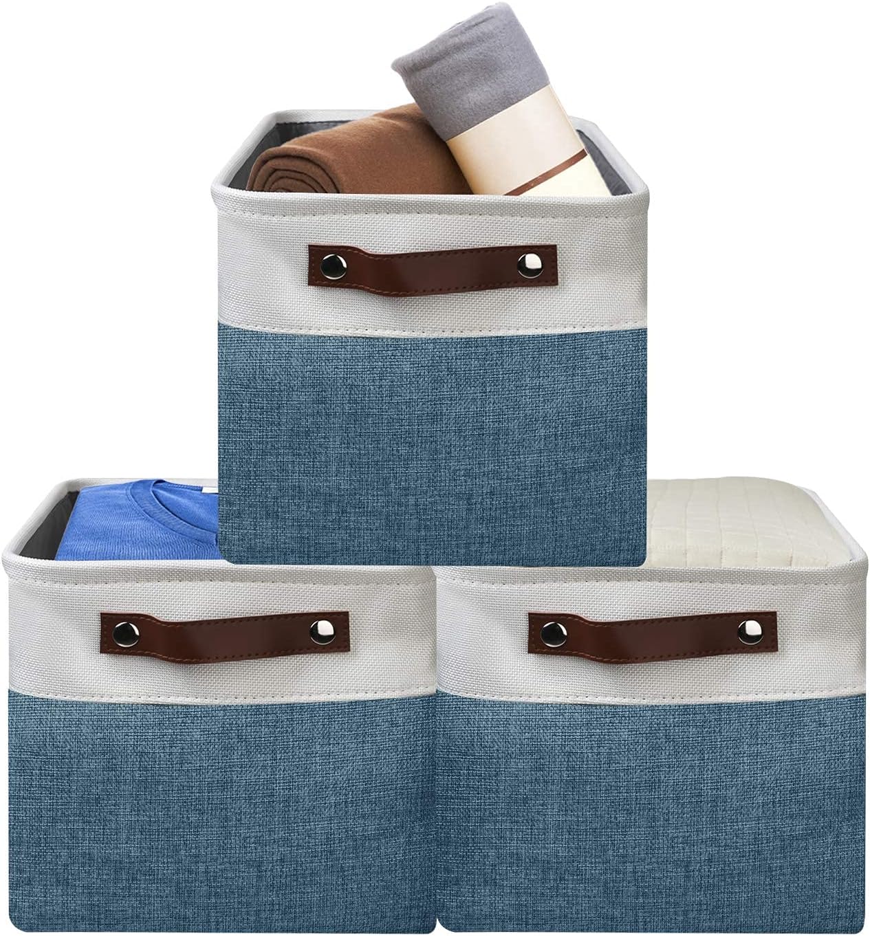 Awekris Cube Storage Bins, Rectangular Storage Baskets Shelves with Handles, Foldable Fabric Cube Storage For Home Office Closet Utility Room, Large 3-Pack(Light Blue)
