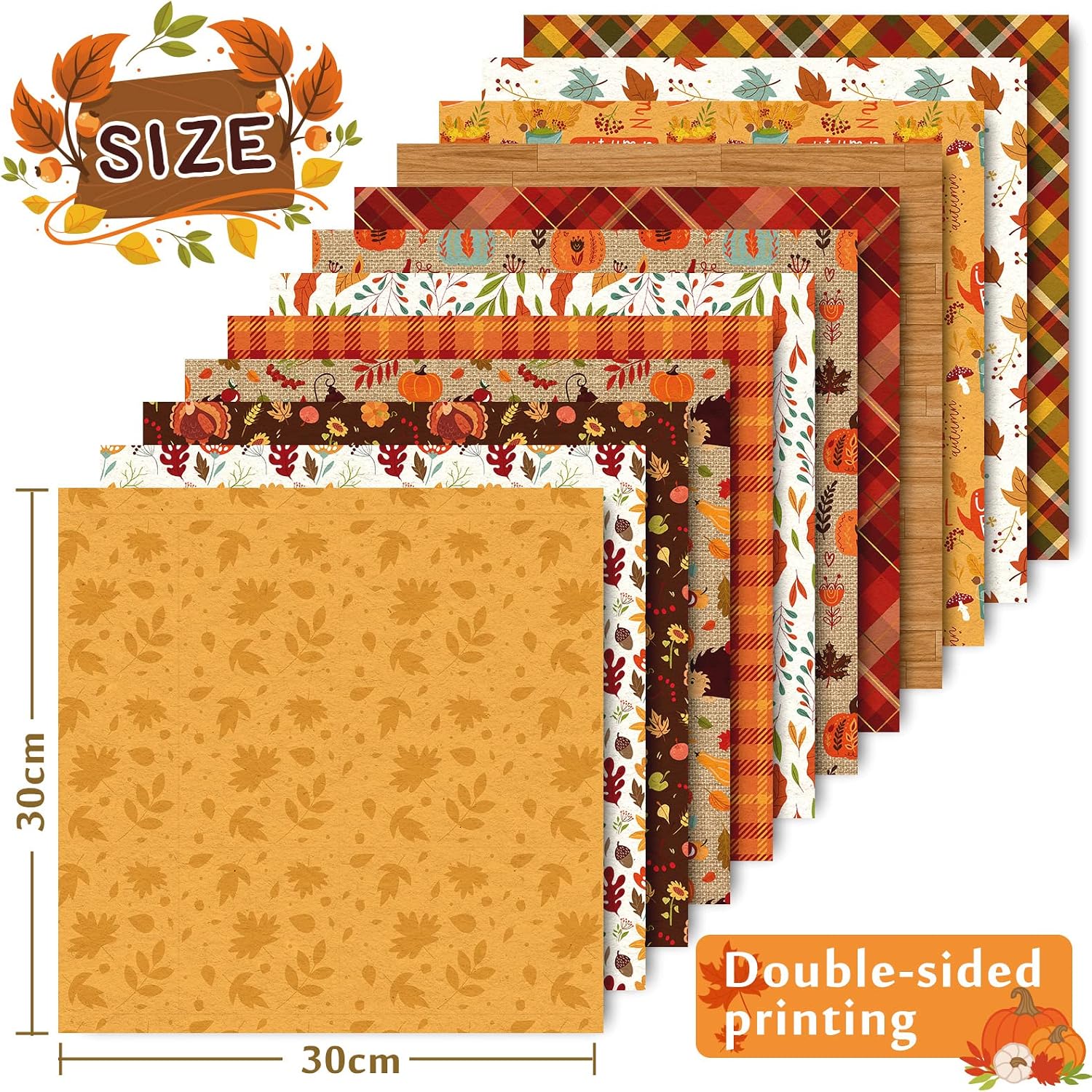Whaline 24Pcs Fall Thanksgiving Pattern Paper Colorful Fall Leaves Pumpkin Plaid Double-Sided Scrapbook Specialty Paper for DIY Card Making Photo Album Junk Journal Decor, 11.8 x 11.8inch