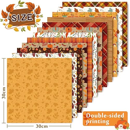 Miniatura 2 de Whaline 24 piezas de papel con patrón de otoño de 11.8 x 11.8 pulgadas, hojas coloridas de otoño, calabaza, a cuadros, álbum de recortes de doble