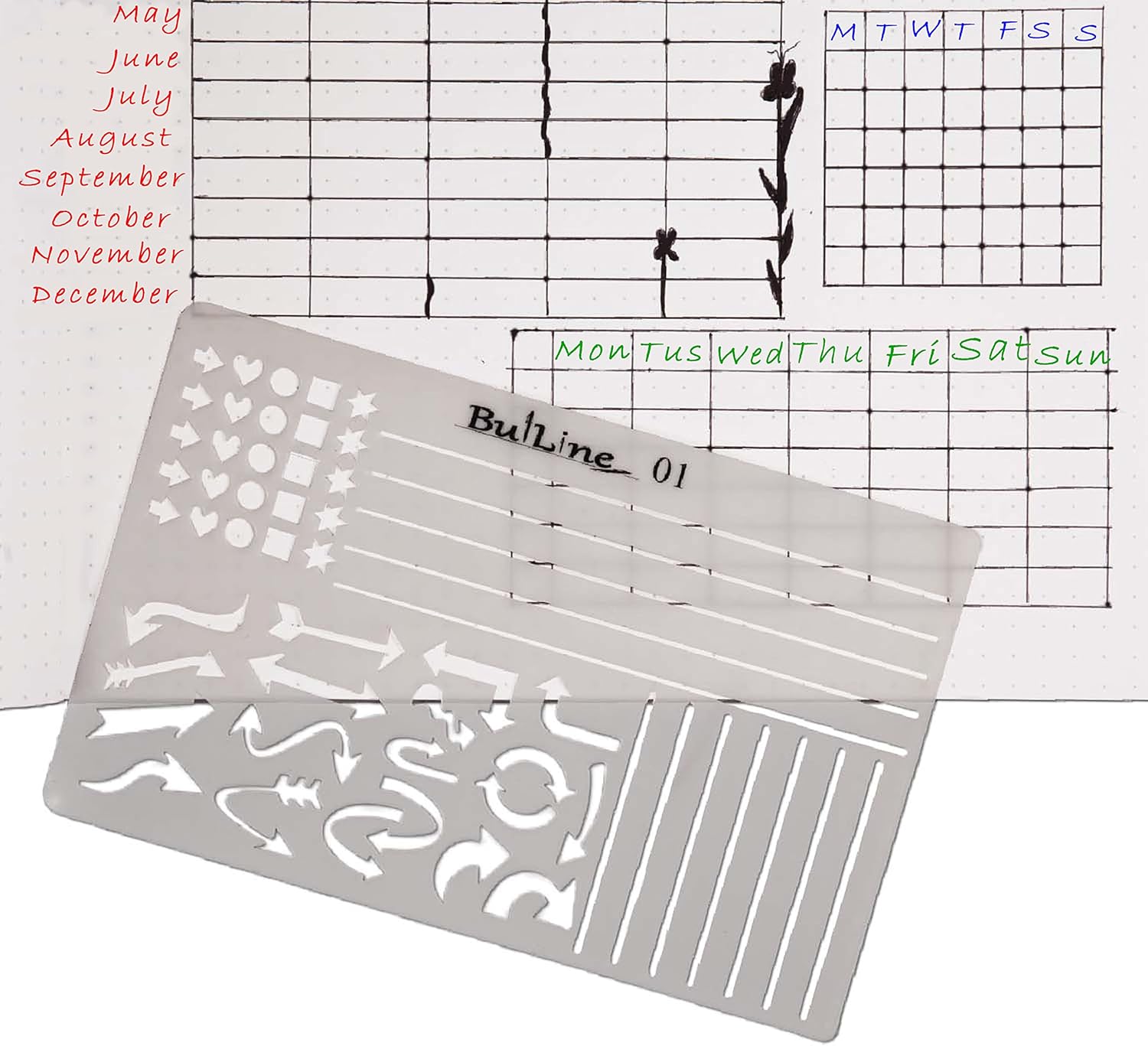 BulLine Bullet Journal Stencils Set. Thick, Small, Flexible Plastic Stencil. Reusable Planner Drawing Letter Template. New, Compact Size 3.5 x 5.5 inches Packed in a Handy Zip-lock Case.