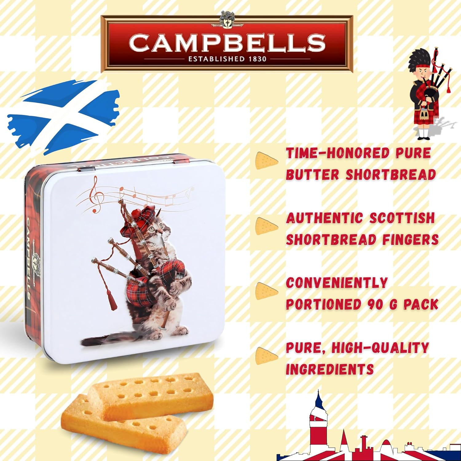 Campbells Shortbread Fingers Cat with Bagpipes Tin 3.2 Oz / 90g (Pack of 3) - Pure Butter Scottish Shortbread Cookies from Scotland, British Tea Biscuits, Butter Cookies Gift Tin, Scottish Snacks