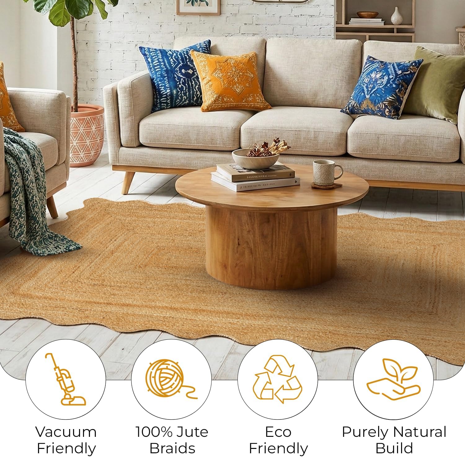 GRUHUM Jute Area Rug 4'x6' ft Wave Scalloped Natural Handwoven Boho Reversible Rustic Vintage Farmhouse Soft Braided EcoFriendly Rug - Indoor Livingroom Bedroom Kitchen Hallways Entryway 4x6 ft