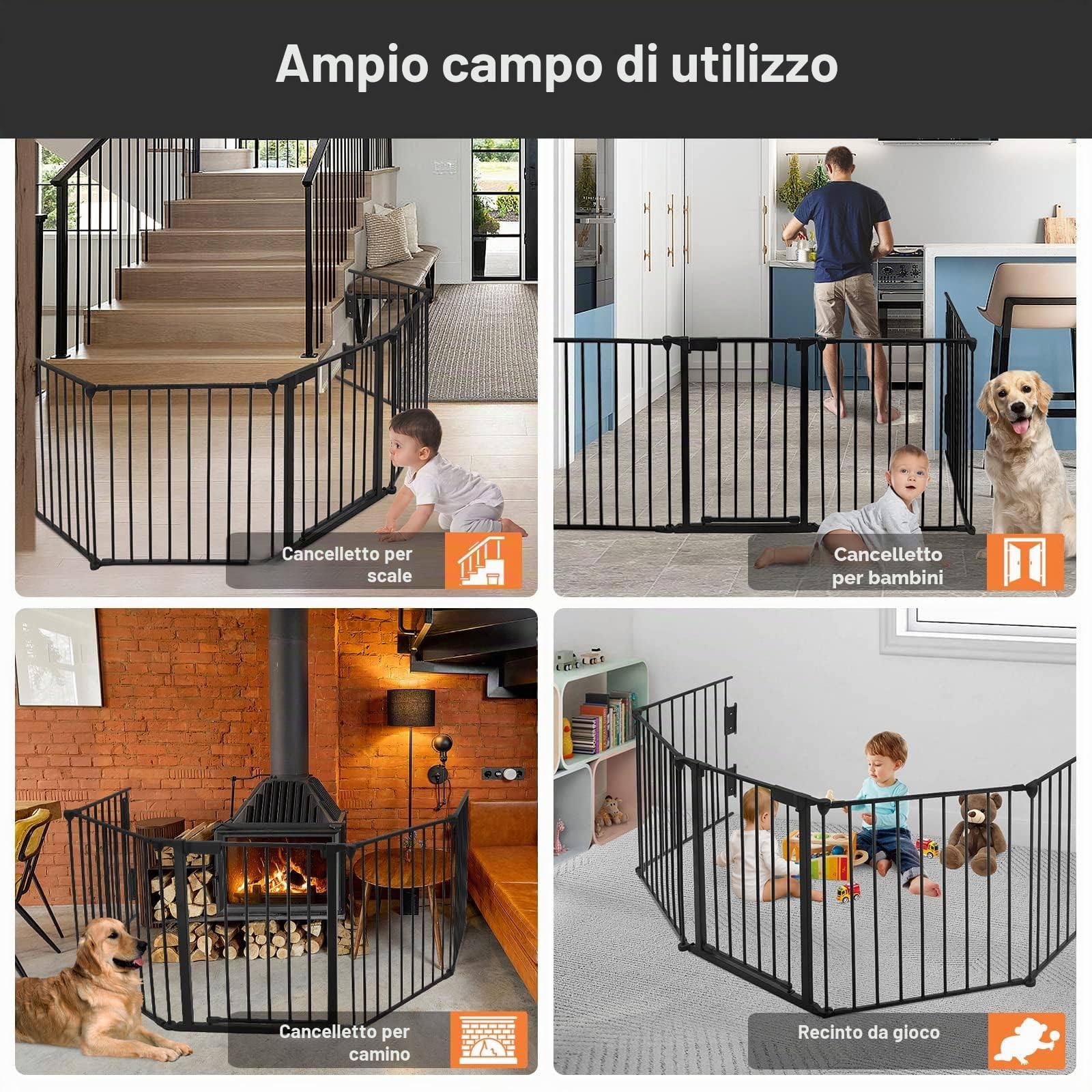 LARS360 griglia di protezione per camino, 300 cm, con porta, 5 elementi, pieghevole, sospensione, box e protezione, per neonati e bambini (75 x 60 cm, 2 serrature)