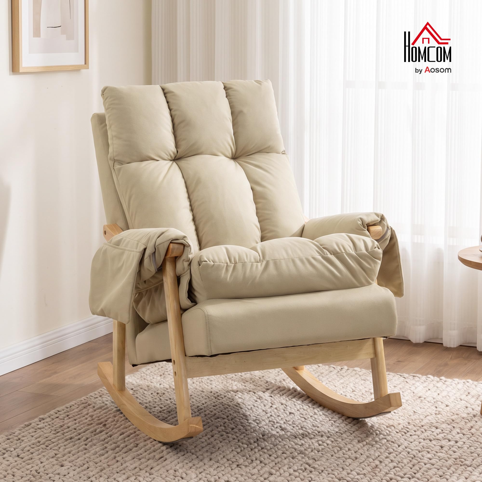 HOMCOM Silla Mecedora de Cuero Sintético Bolsillos Patas de Madera Beige