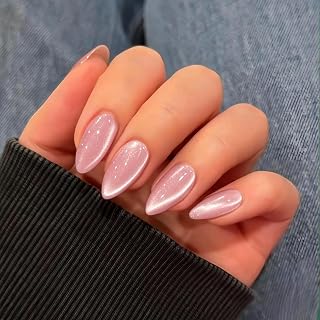 KQueenest Cateye Press On Nails - 30 Stück Glitzer Baby Rosa Nägel zum Aufkleben Kurz Mandel, Sparkle Bling Fake Nails Künstliche Fingernägel zum aufkleben, Glänzende Acryl Nägel für Frauen Maniküre