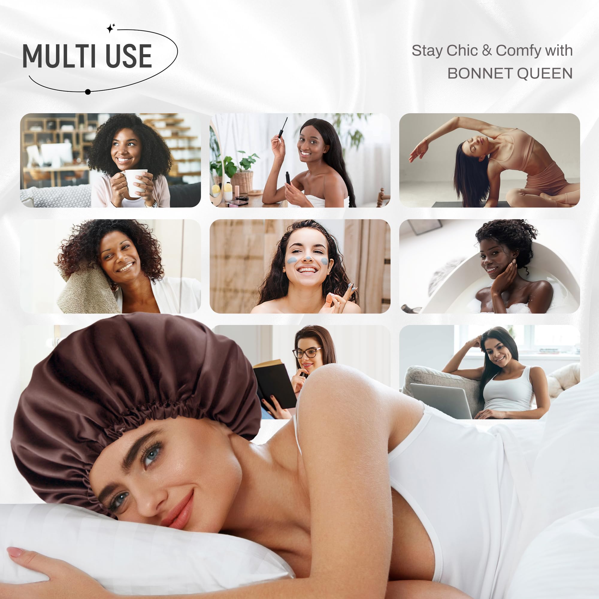 BONNET QUEEN Cuffia Seta Capelli Notte, Reversibile Cuffia Capelli Ricci Notte, Fascia Elastica Doppio Strato Silk Bonnet con 2 Elastici in Seta & Borsa Portaoggetti, Oro&Cioccolato, Set 4 Pezzi