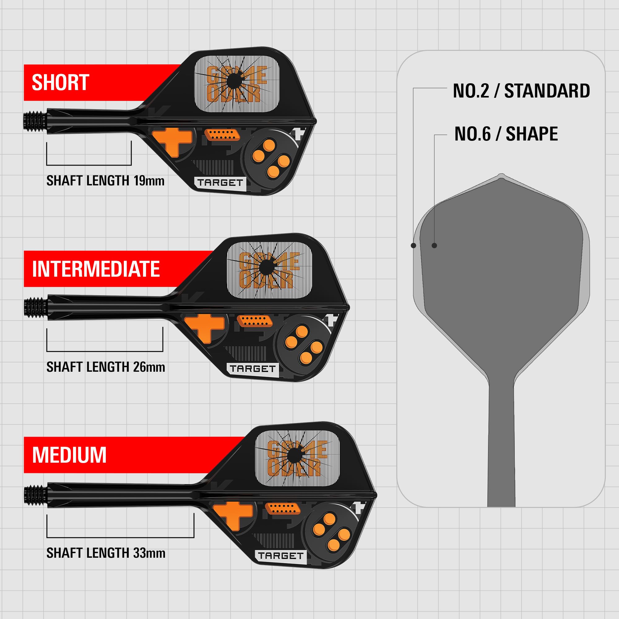 Target Darts K-Flex Game Over: Press Start & You Win No.6 – 3 zintegrowane skrzydełka i trzonki do rzutek, system odlewanych trzonków "wszystko w jednym”, Short, Intermediate & Medium.