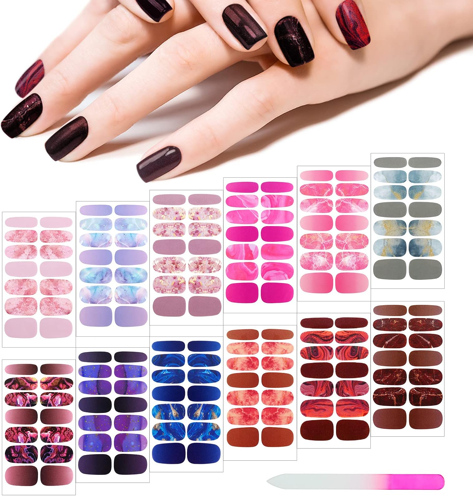 Maitys 168 Pcs 12 Sheets Full Wrap Nail Stickers Polish Strips Gradient Stickers Glitter Self Adhesive DIY Gel Nail Strips Decals with 1 Pcs Fingernail Files for Holiday Decor(Lovely Style)