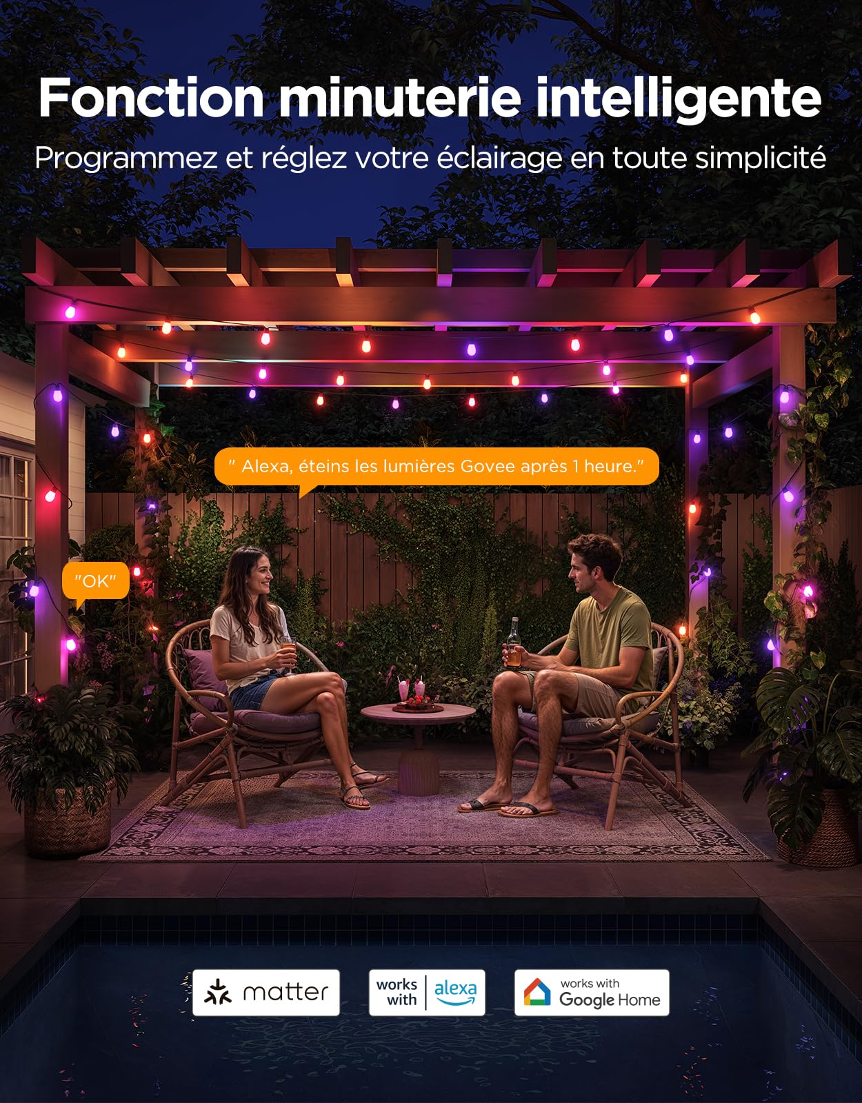 Govee Guirlande Extérieure 15M, RGBICW 65lm par LED, Contrôle APP, IP66 | 16M Couleurs DIY, 111+ Modes de Scène, Synchro Musique, Matter/Alexa/Google, 25000h, Install. Facile, Jardin/Balcon/Terrasse