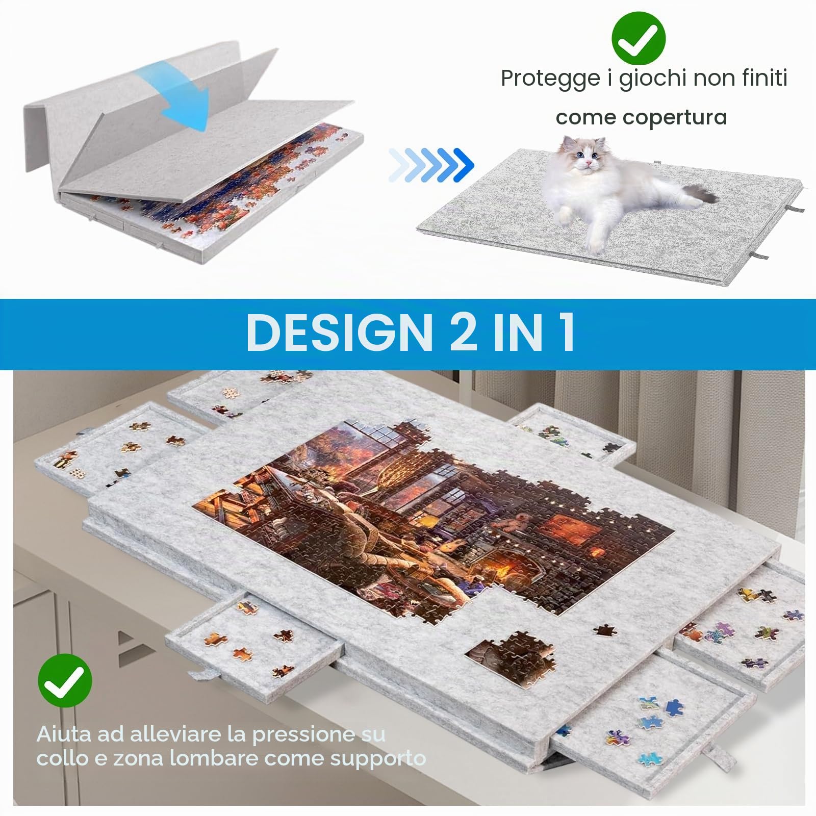 Tavola Puzzle Pieghevole,Tavolo Puzzle Inclinabile con 6 Cassetti,Leggero in Feltro Puzzle Plateau con Supporto e Copertura Progettati 2 in 1 Portatile Salvaspazio Può Ospitare 1000 pezzi (Grigio)