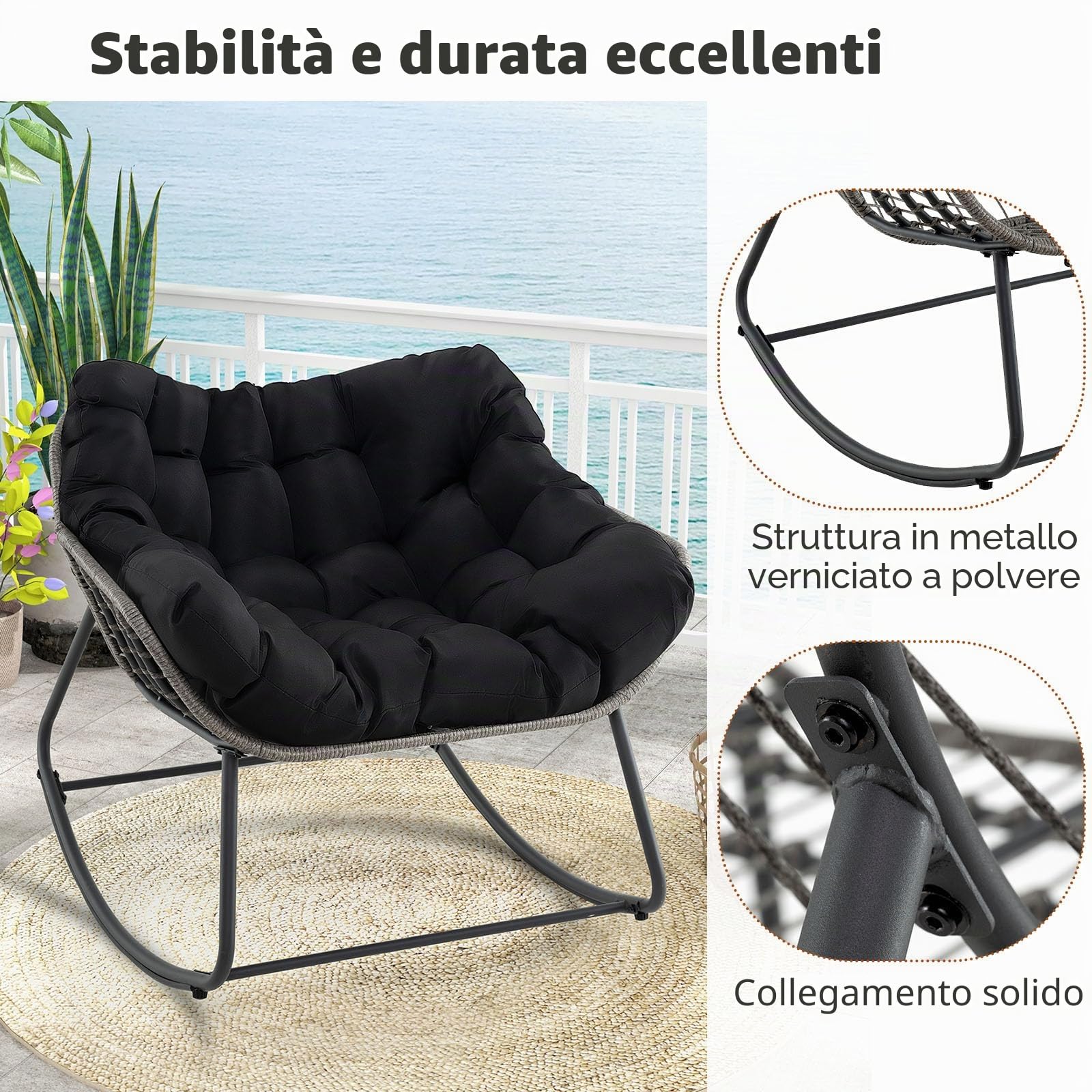 LIFEZEAL Sedia a dondolo da giardino, in rattan, per esterni, con cuscino imbottito, per balcone, veranda, soggiorno e terrazza (nero)