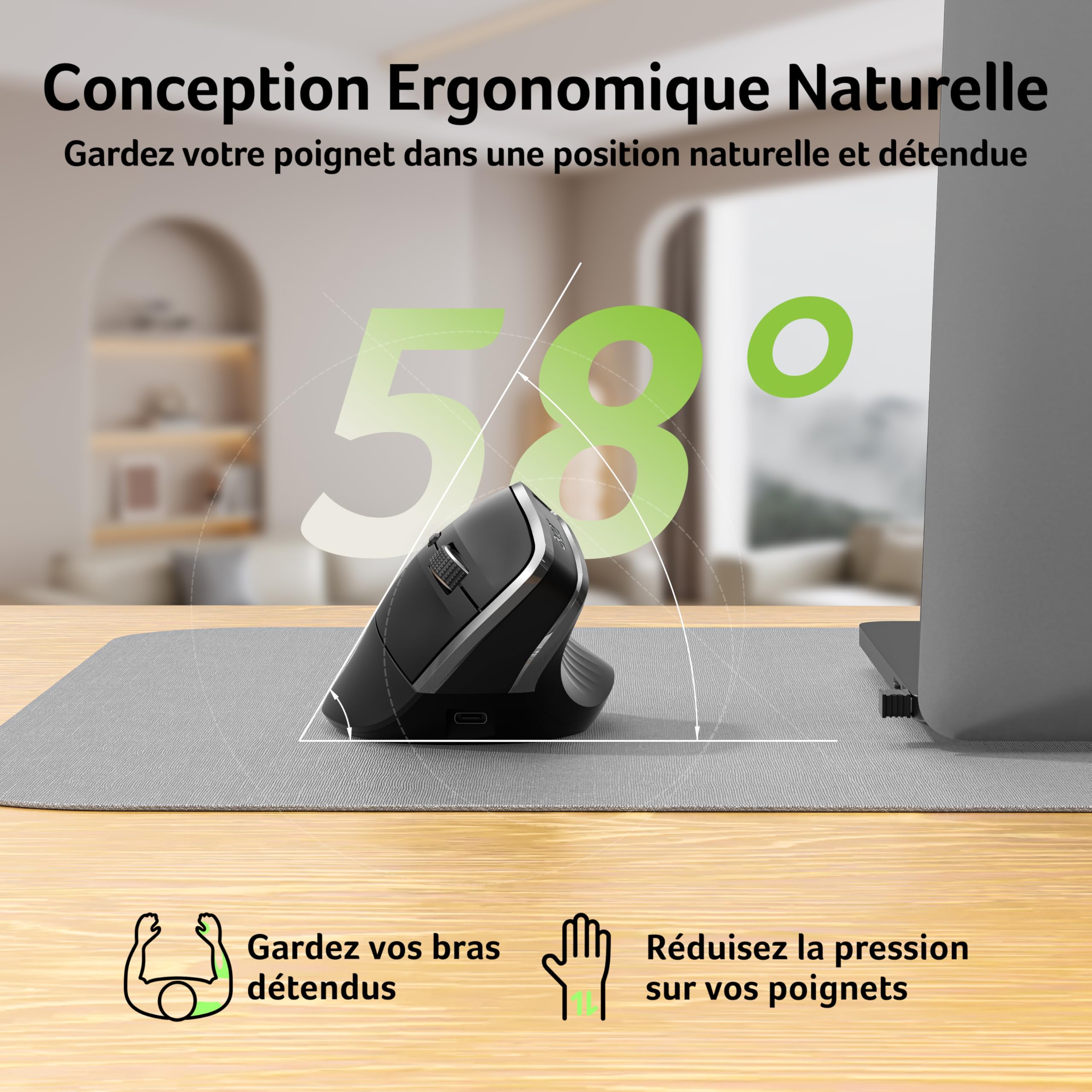 Acer Souris Ergonomique sans Fil, 2,4 GHz Souris Rechargeable, Verticale Mouse 1600PPP, 6 Boutons, Souris d'Ordinateur avec récepteur USB pour PC, iMac, Ordinateur de Bureau