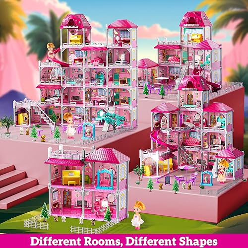 Miniatura 12 de Juego de villa para niñas de 3 a 7 años, juego de interior para niñas de 6 a 8 años con 4 pisos, 11 habitaciones, 2 muñecas, muebles y accesorios