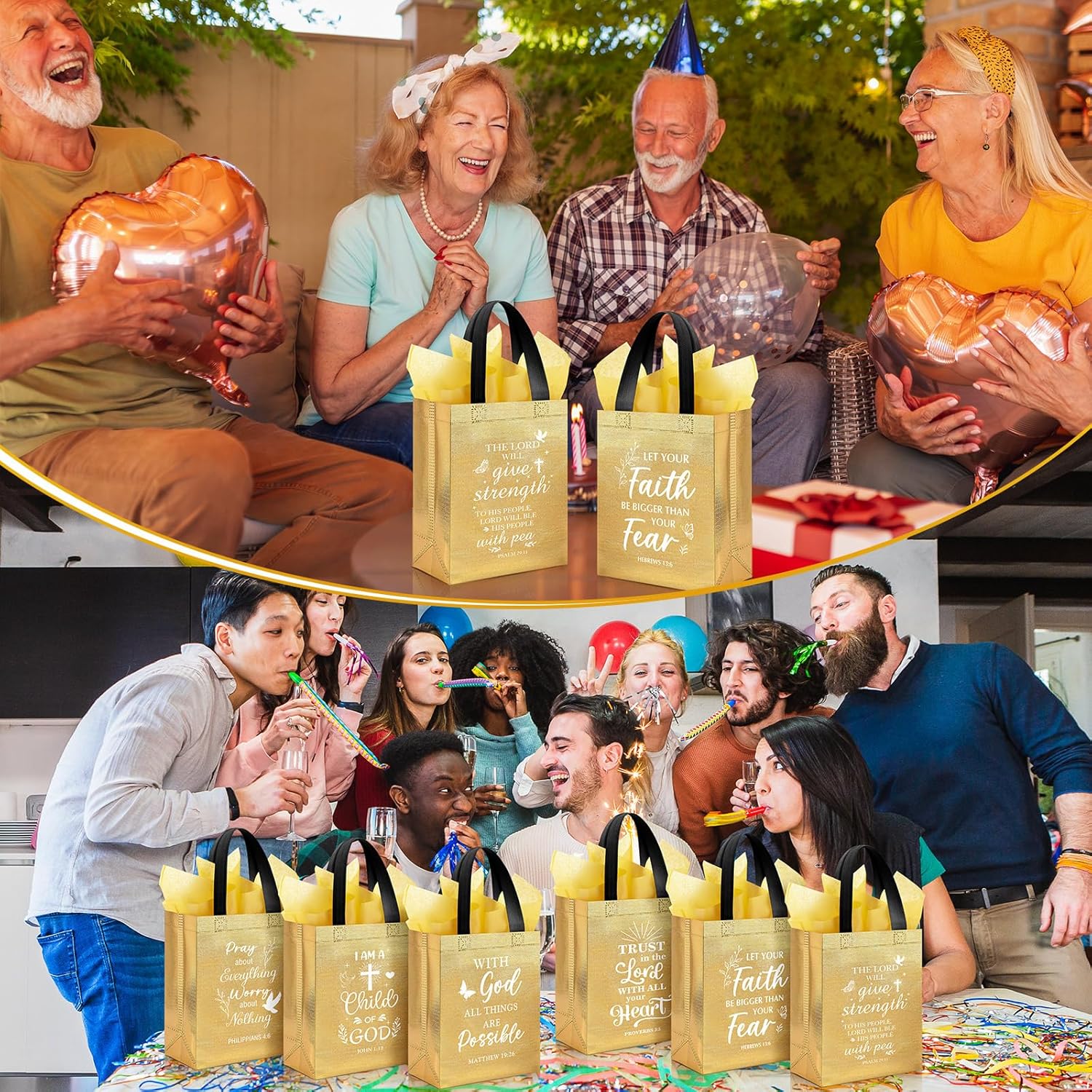 Ribbonlic 24 Pcs Religious Gift Bags with Tissue Paper Reusable Non Woven Christian Bible Verse Tote Medium Size Welcome Bag with Handle for Sunday School Church Visitors Inspirational Gift(Gold)
