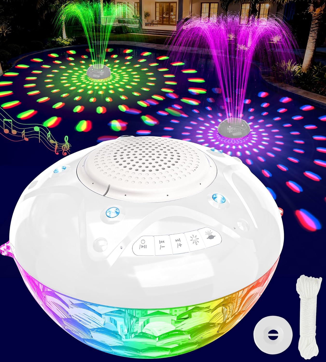 Luxfero 3 in 1 Pool Fountain with Bluetooth Pool Speaker, Floating Pool Fountain with Lights, IP68 Waterproof Hot Tub Speaker Pool Water Fountain Pump, BT5.4, Loud Sound Pool Fountain Speaker-White