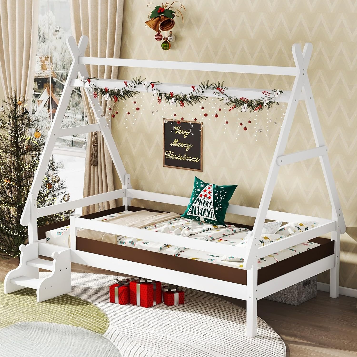 KEIKI Twin Size House Platform Bed Frames with Stairs, Pine Solid Wood Twin Daybed for Bedroom, Guest Room, Kids' Room, Low Profile and Childlike Fun Design Day Bed, Box Spring Not Required