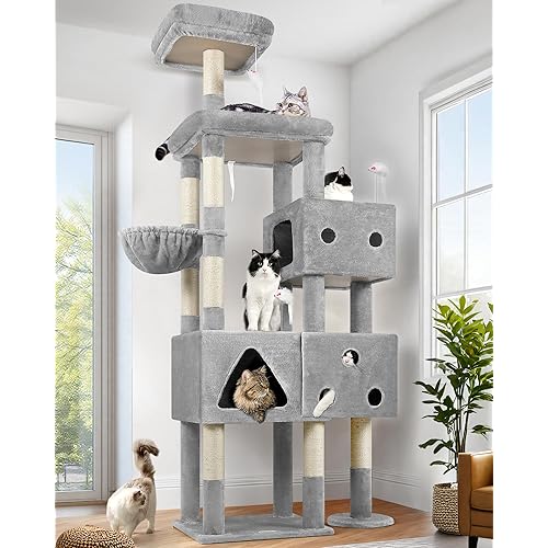 Globlazer Extra Large Cat Tower, 81-inch Tall Cat Tree for Big Cats 20 lbs, XXL Heavy Duty Cat Scratching Tower for Indoor Adult Cats with 3 Cat Condos, 8 Scratching Posts, F81, Light Grey