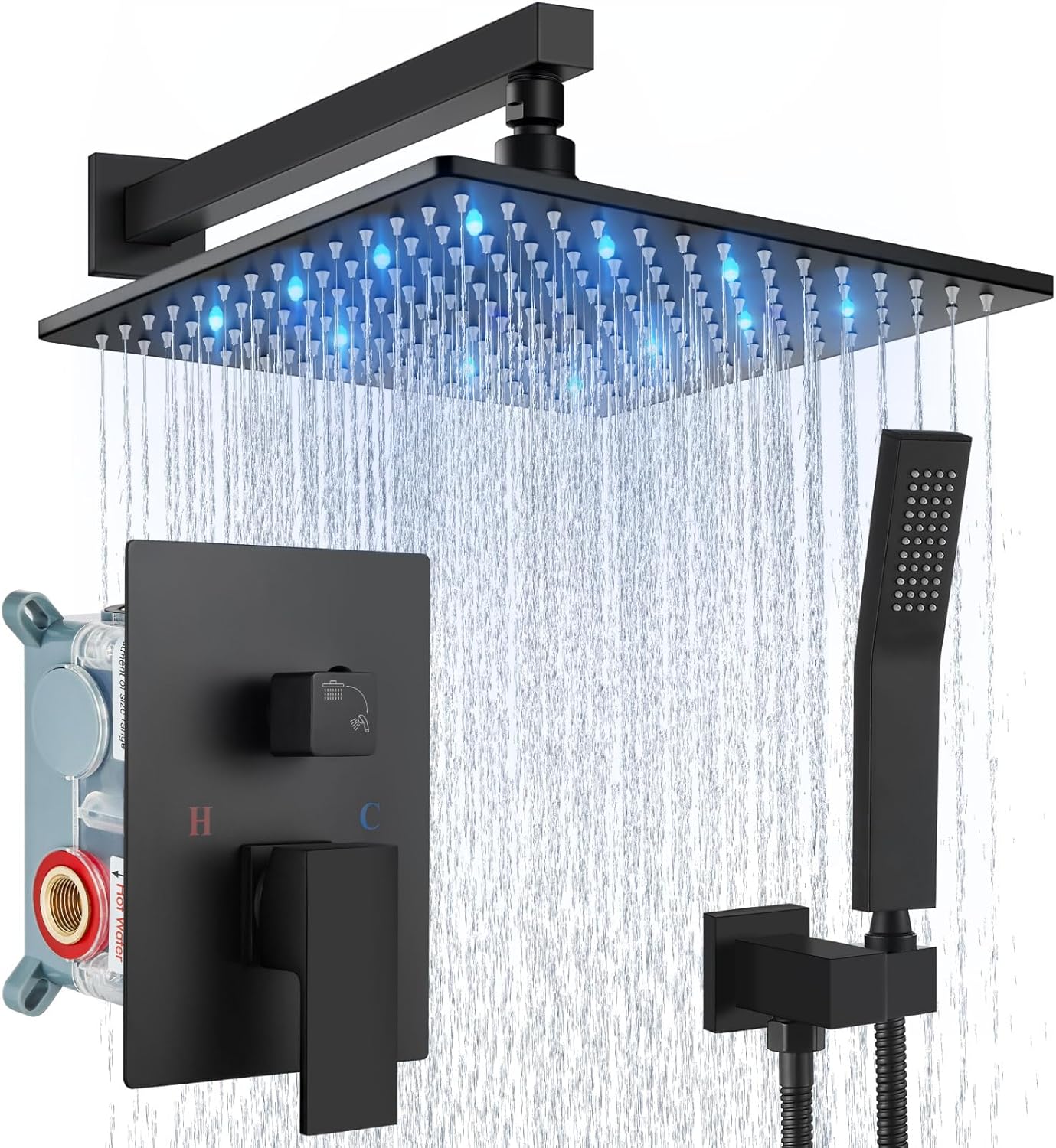 Aolemi Shower Faucet Set with Handheld Spray High Pressure Shower System Shower Faucets Sets Complete Rough-in Valve and Shower Trim Kit Wall Mount Rainfall 12 Inch LED Shower Head Matte Black