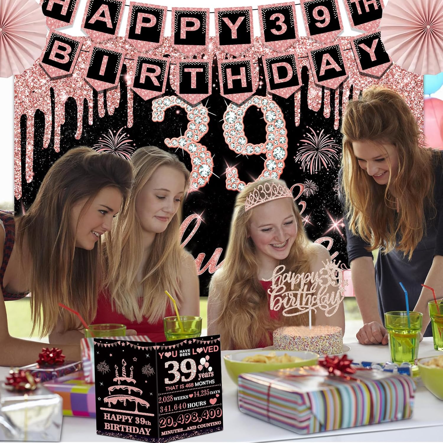 39th Birthday Decorations for Women,32PCS 39th Birthday Party Decorations,Including Backdrop, Crown, Sash, banner, Hanging Swirl,balloons,Cake Topper,Paper Fans and Anniversary Card