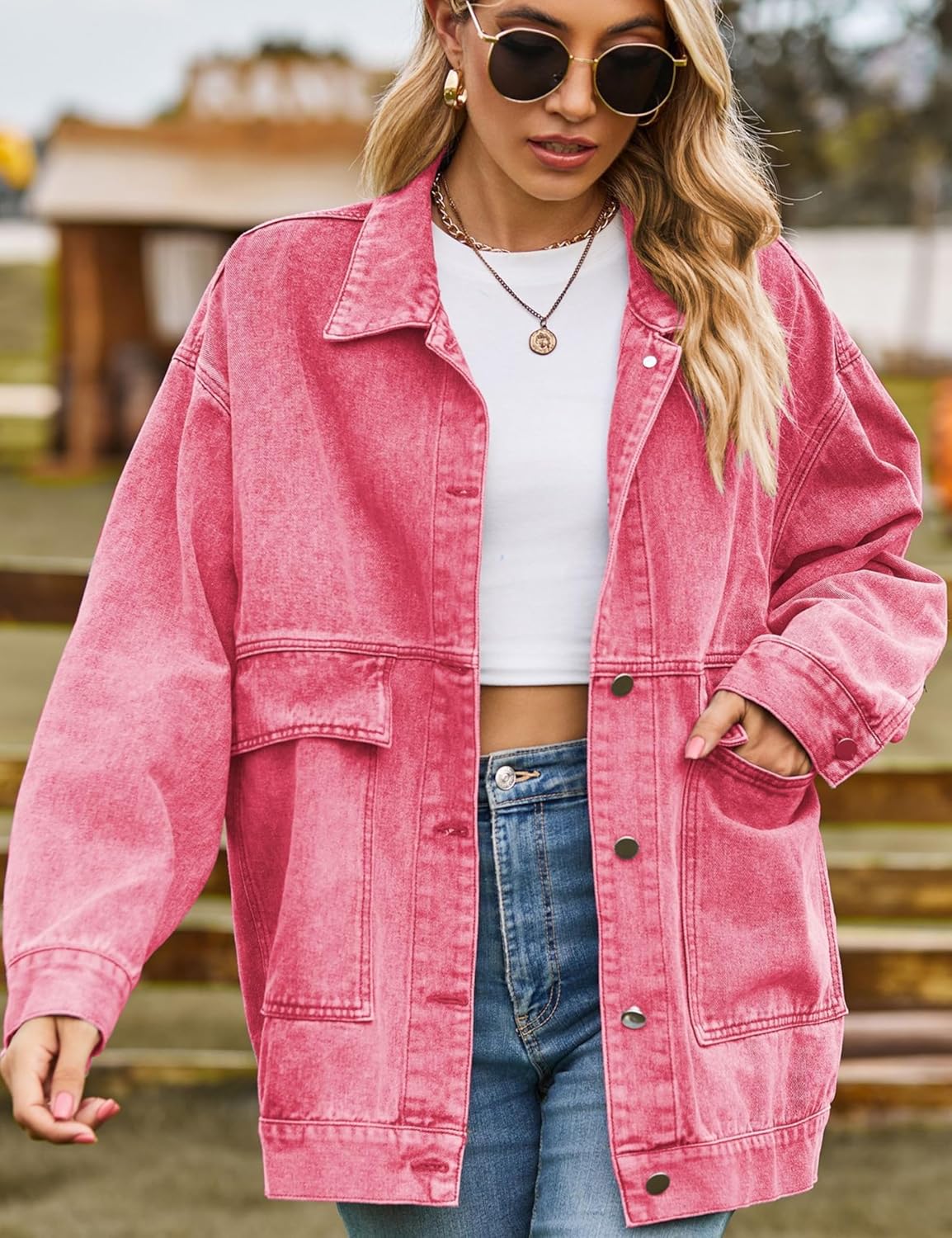 HangNiFang Aztec Denim Jacket Shacket for Women Button Down Vintage Distressed Blue Jean Jacket - Image 3