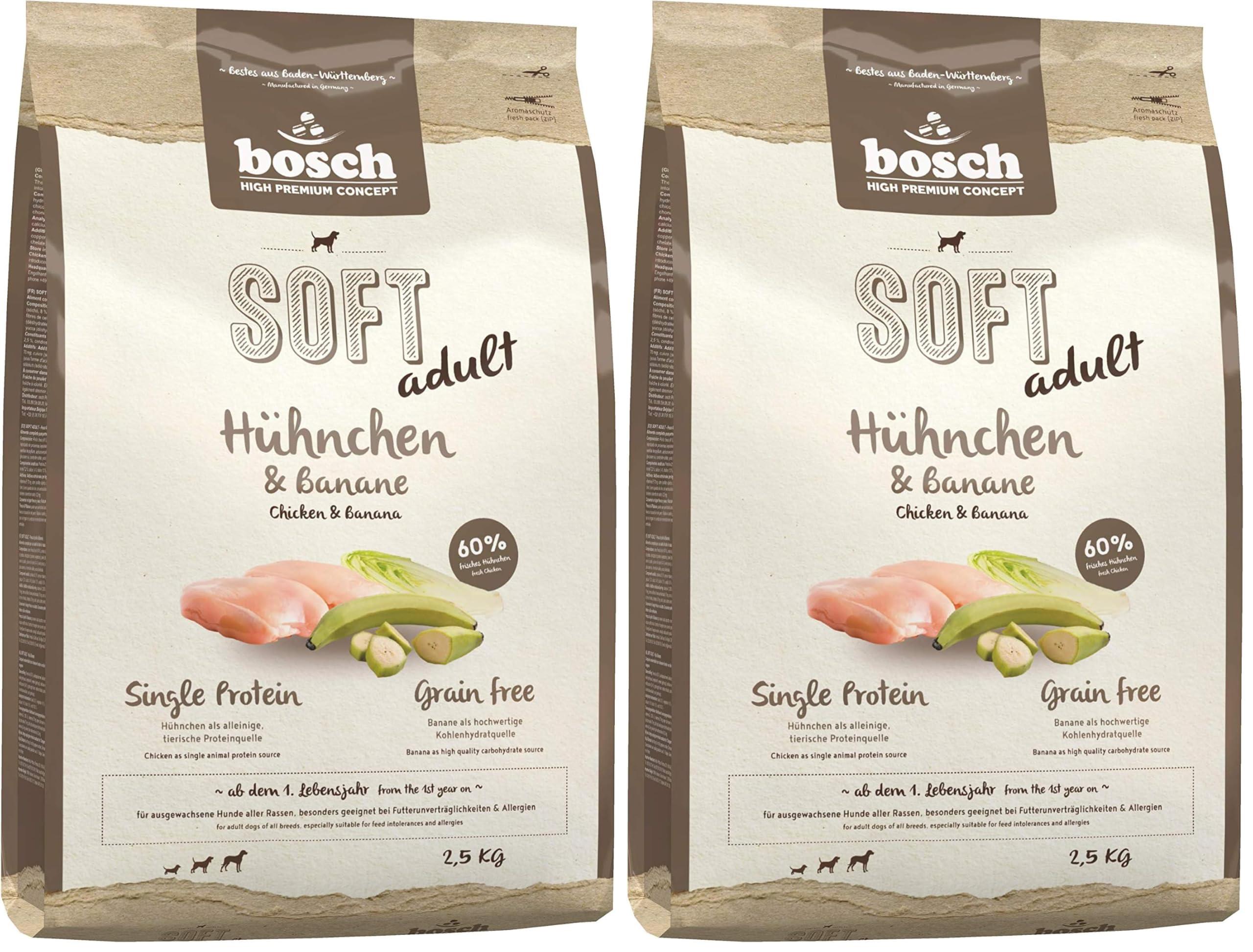 Bosch HPC Soft Hühnchen & Banane | halbfeuchtes Hundefutter für ausgewachsene Hunde Aller Rassen | Single Protein | Grain-Free | 1 x 2.5 kg (Packung mit 2)