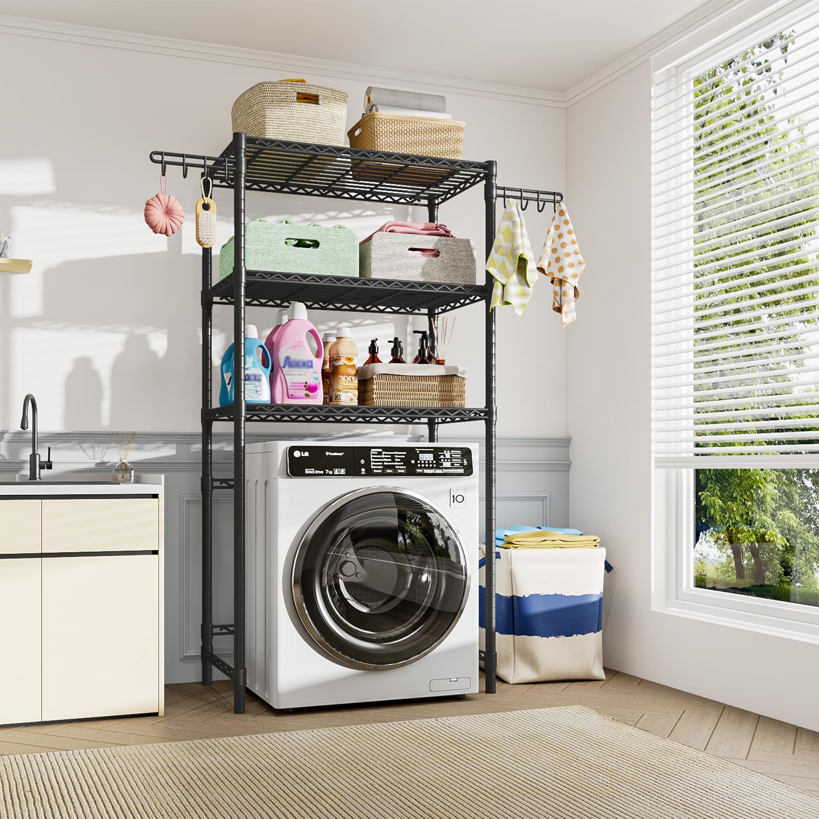 Over the Washer and Dryer Storage Shelf, Laundry Room Storage Organizer Rack Space Saver Shelves with 3 Tier Adjustable Height Shelving Units and Side Hook, 35"W x 13.4"D x 75.6"H