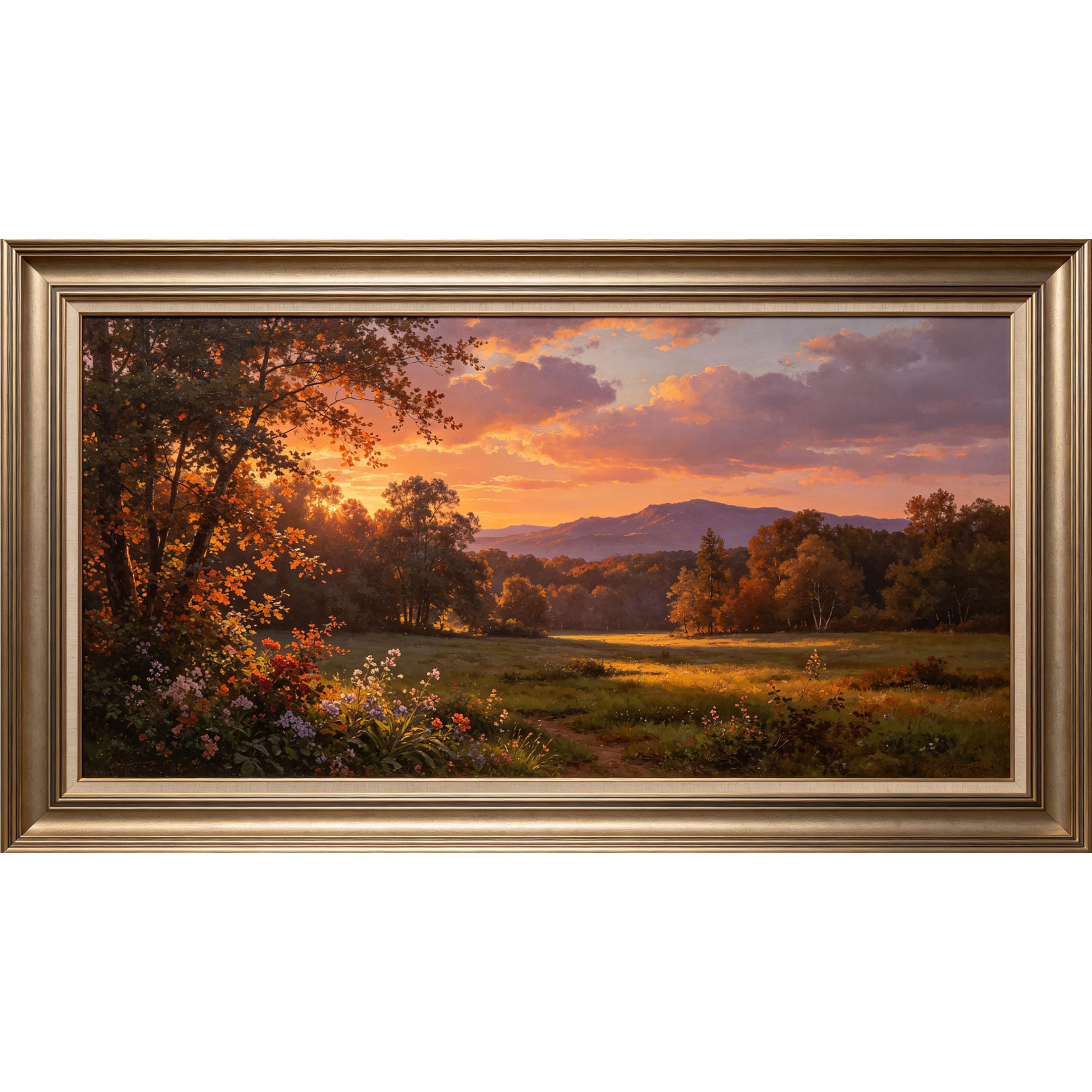 QZLITHOTIC 50×100cm 3D Framed Wall Art， Sunset Mountain Landscape Self?Adhesive Mural， Water?Activated Peel & Stick Fabric Decor Wall Decal for Bedroom Living Room