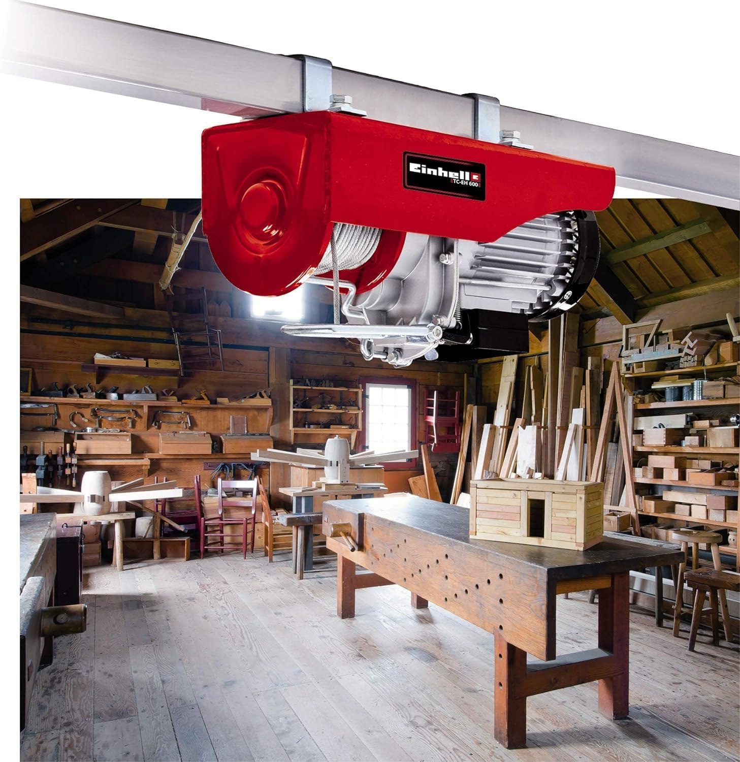 Einhell Wciągarka linowa TC-EH 600 (1050 W, nośność bez rolki zwrotnej 300 kg na 18 m/z rolką zwrotną 600 kg na 9 m, linka stalowa 18 m (Ø 4,5 mm), w zestawie z pałąkiem zabezpieczającym na haku
