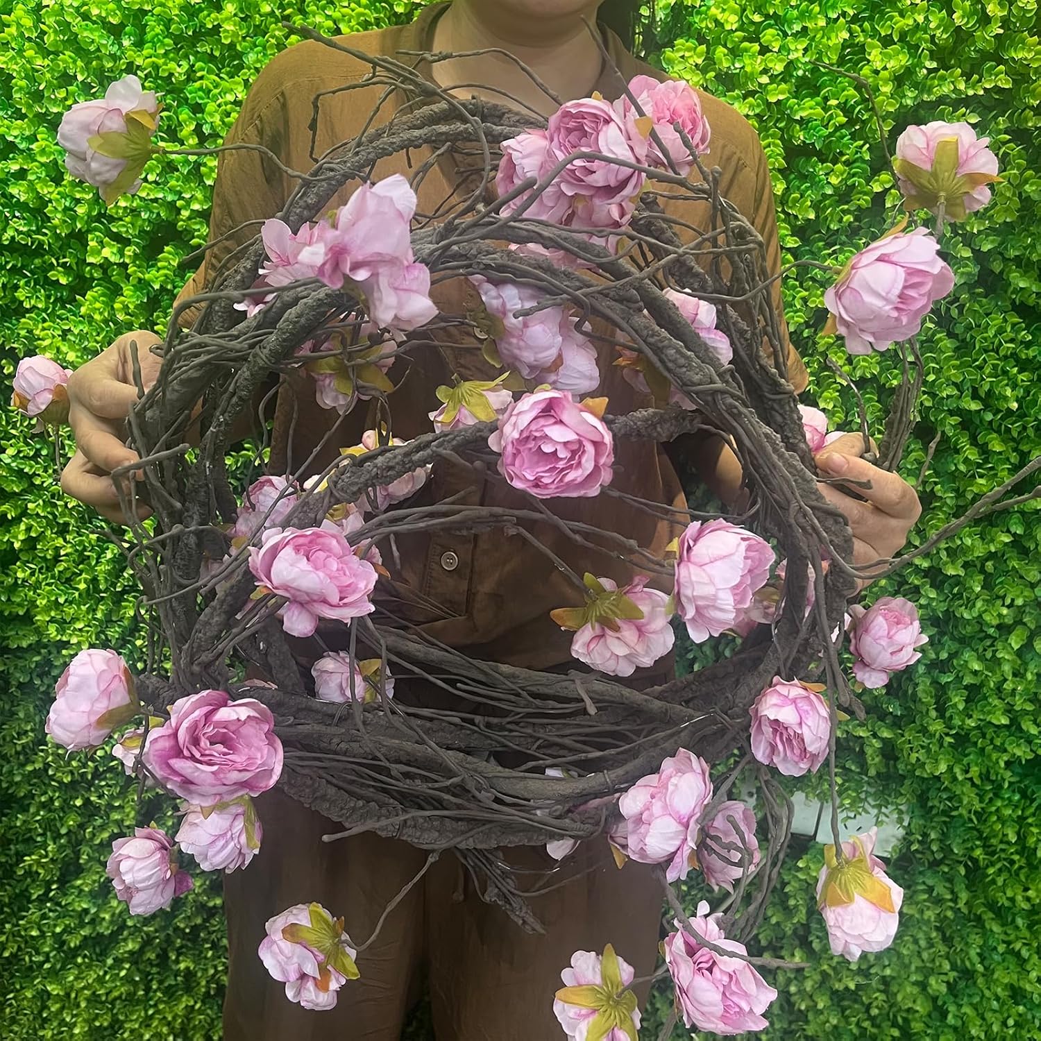 (2pcs) Flexible 118 inch Large Flexible Artificial Tree Fall Vines Twine Wood Branches with Peony Flowers Garland Twig Reptile Climbing Fake Plants for Wedding Arch Christmas Wall Door Hanging